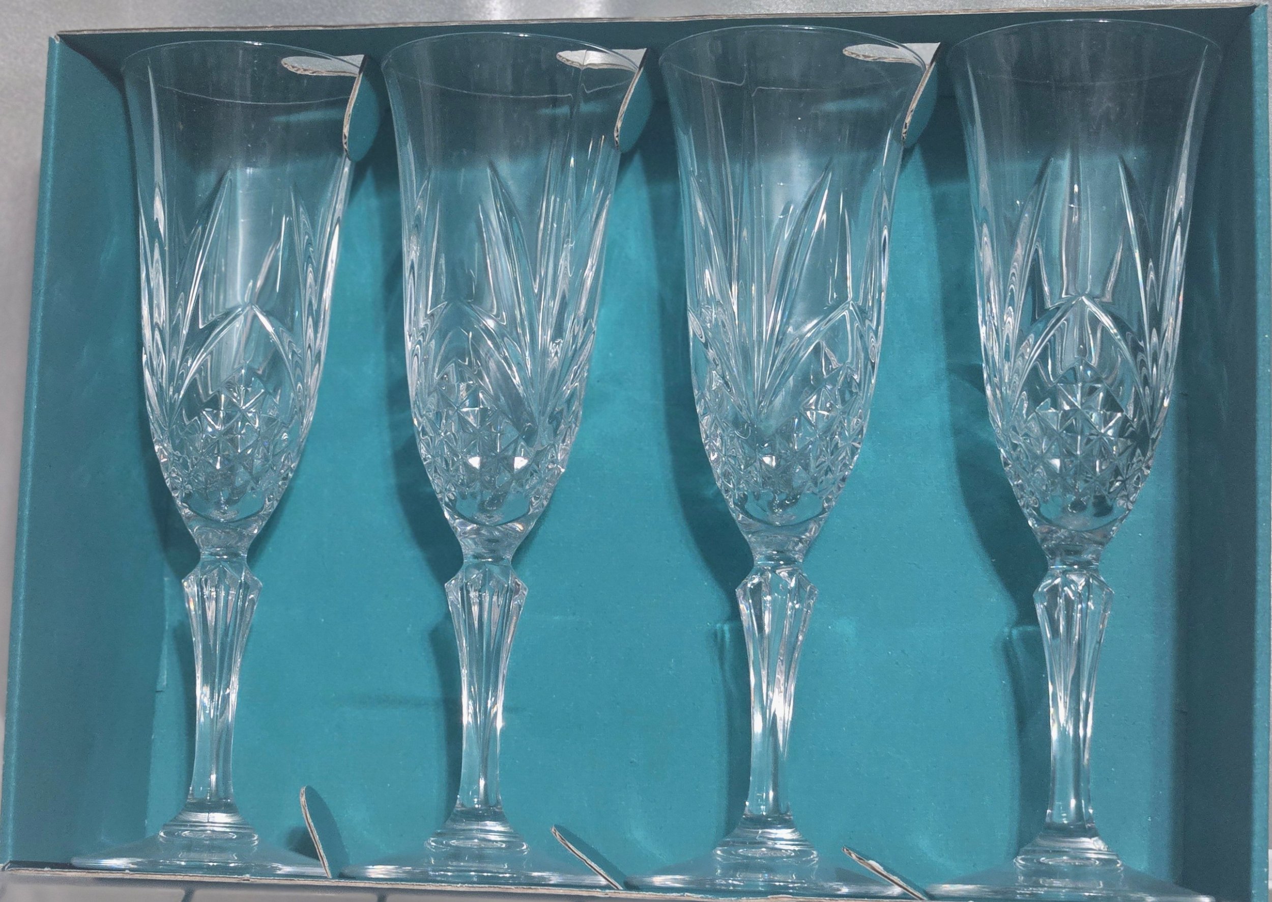 Vintage Cristal de Flandre Salzburg Cut Crystal Champagne Flutes Set of 4 Boxed