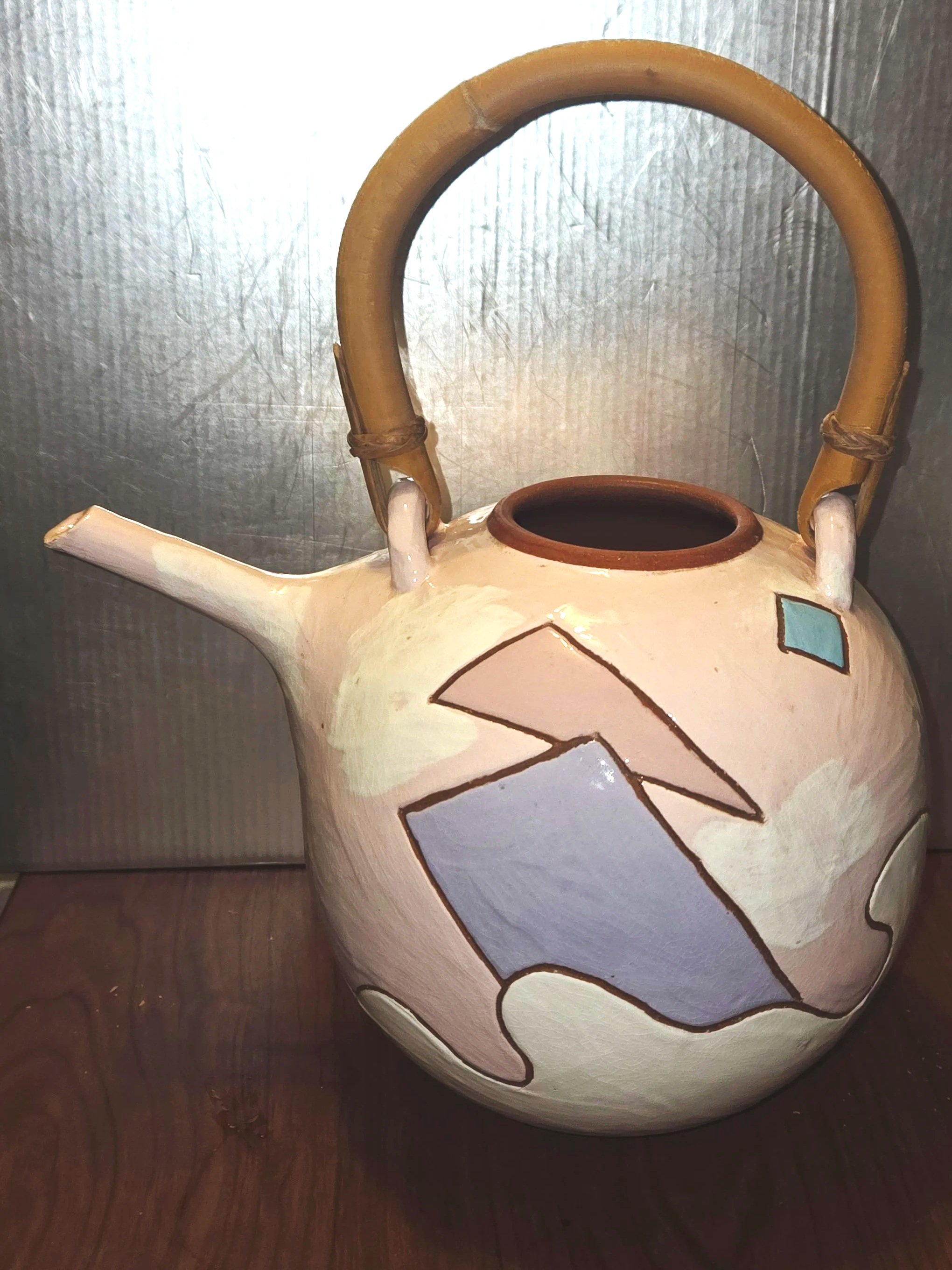 Vintage Studio Pottery Vessel • Geometric Abstract Ceramic Vase, Bamboo Handle