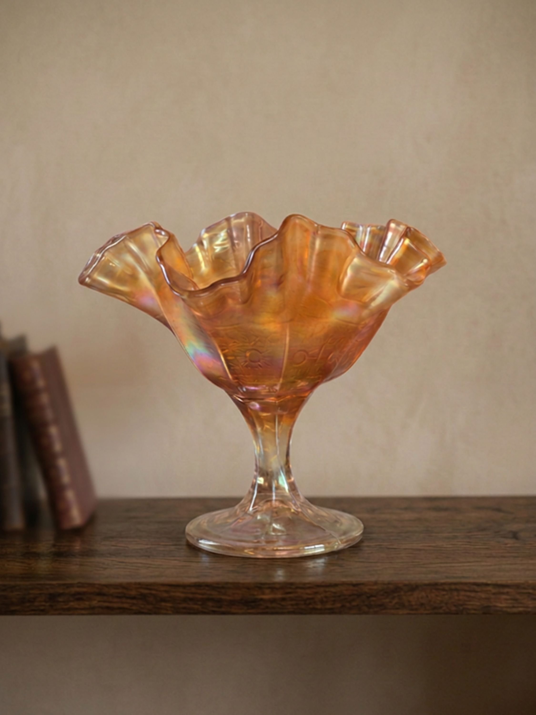 Fenton Captive Rose Marigold Carnival Glass Compote Ruffled Pedestal Bowl
