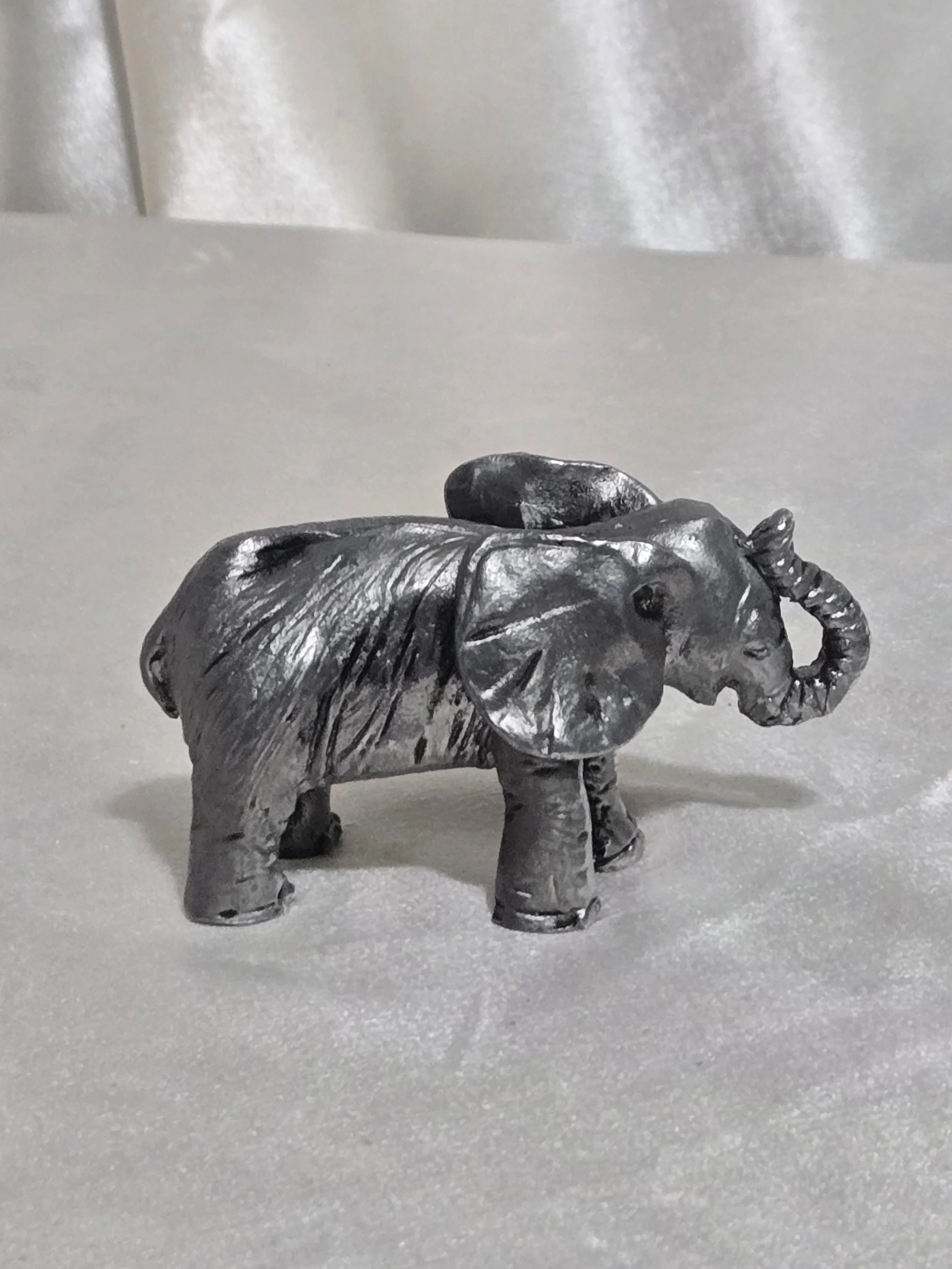 Vintage Miniature Elephant Figurine – Cast Metal Gray Patina Trunk Up Collectible