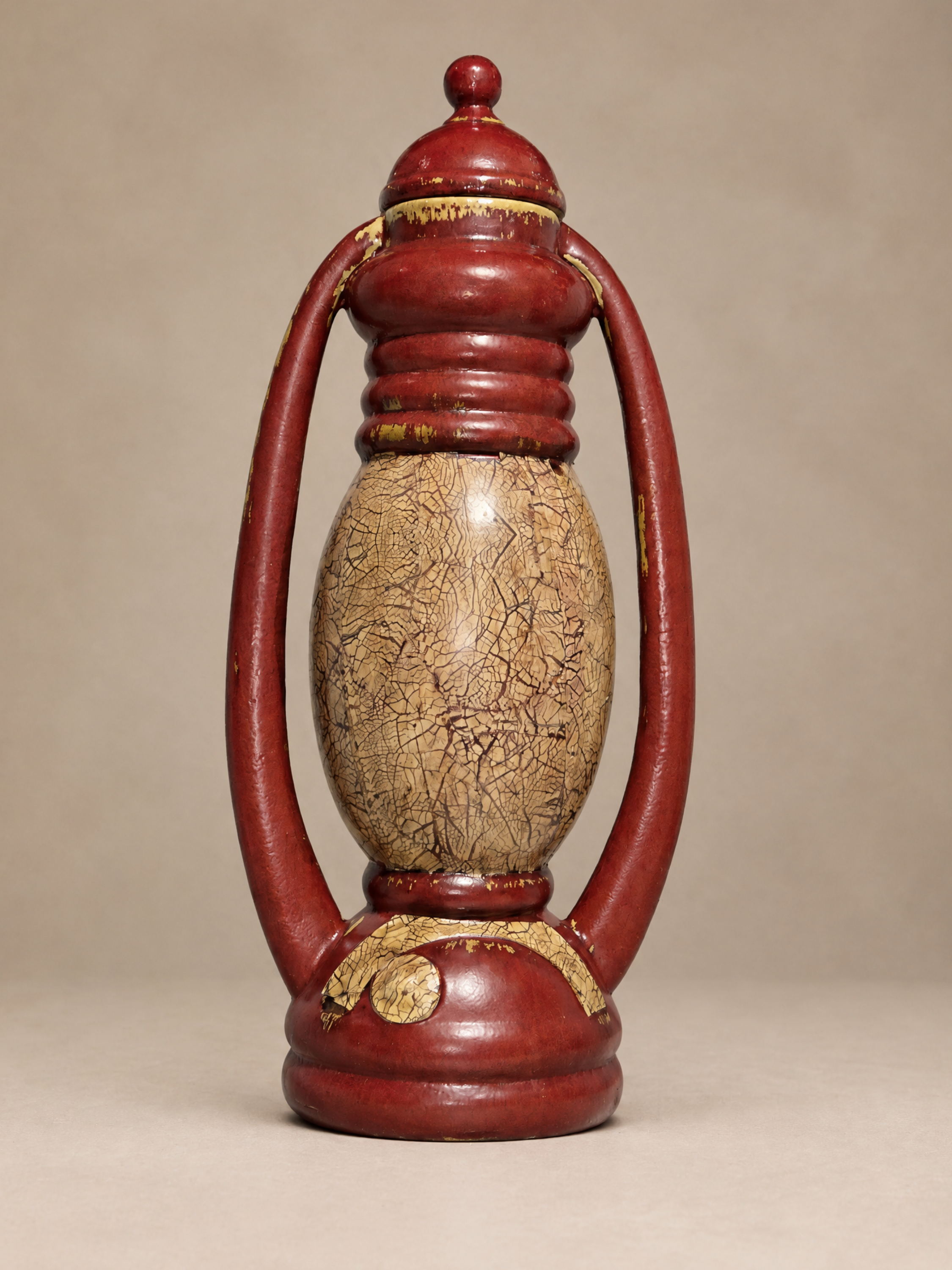 Vintage Covered Ceramic Urn with Lid | 17 Inch Burgundy Red Gold Crackle Glaze Grecian Decor