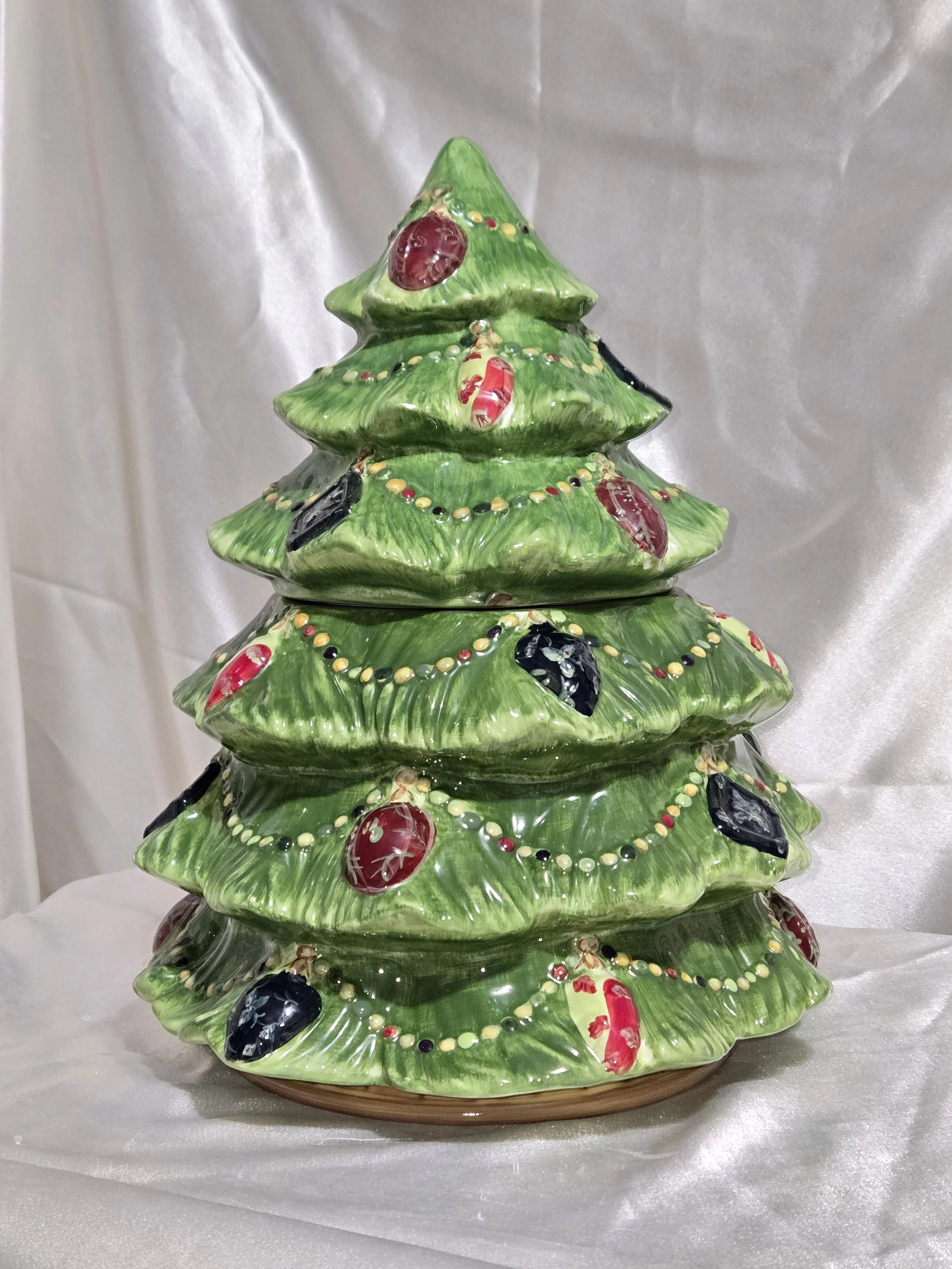 Ceramic Christmas tree cookie jar by Certified International China with ornament details and layered branches.