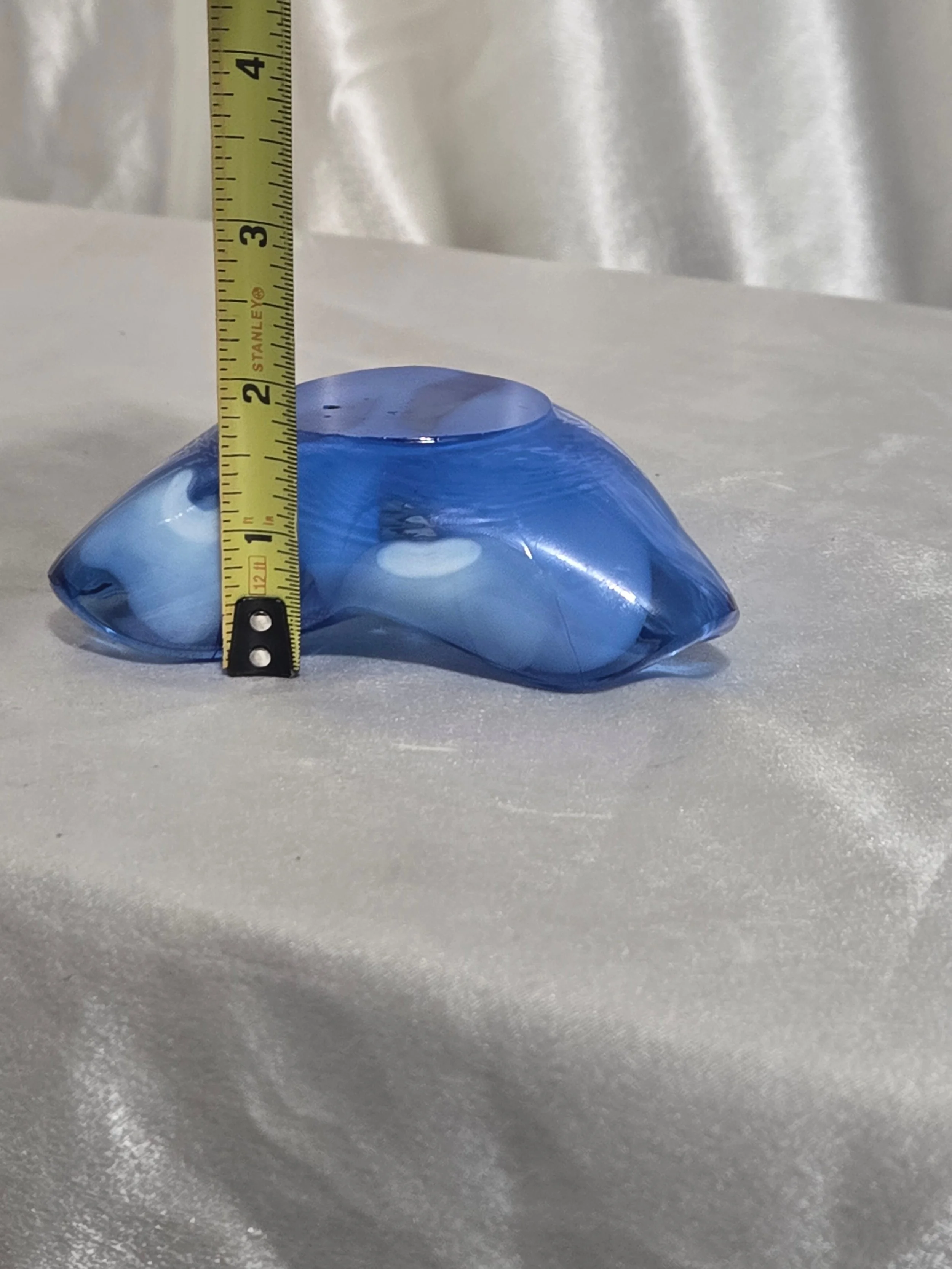 Mid century style blue glass catchall photographed with measurements