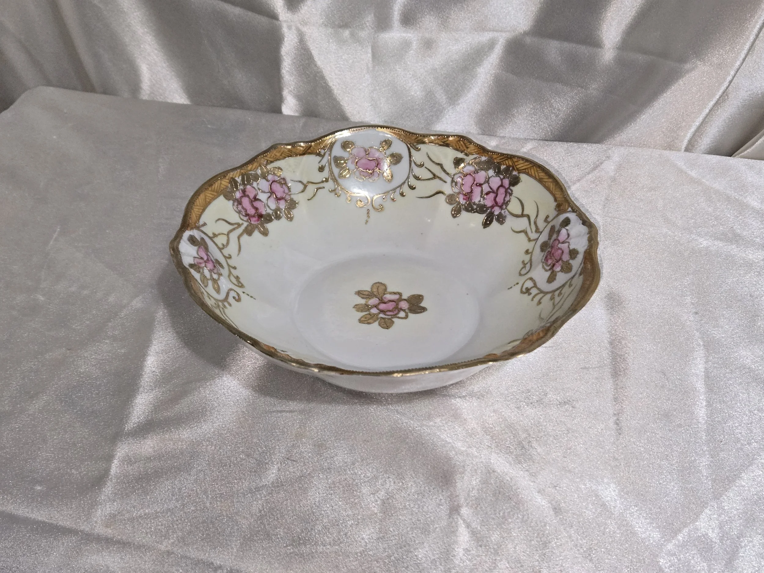 Antique Nippon hand painted porcelain bowl with pink florals and gold gilt, eggshell porcelain