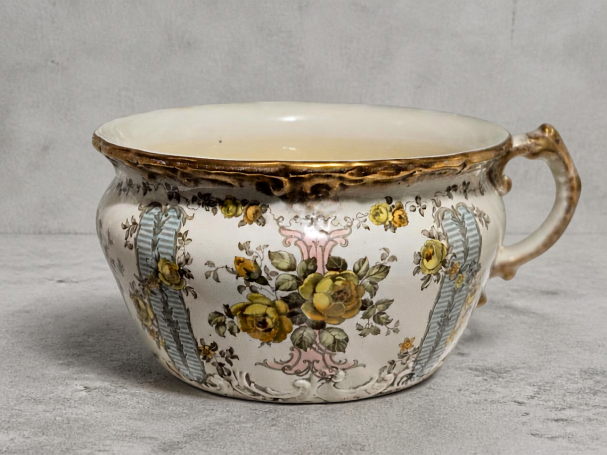 Antique Victorian Chamber Pot • James Edwards Staffordshire Ironstone Floral Transferware English Pottery