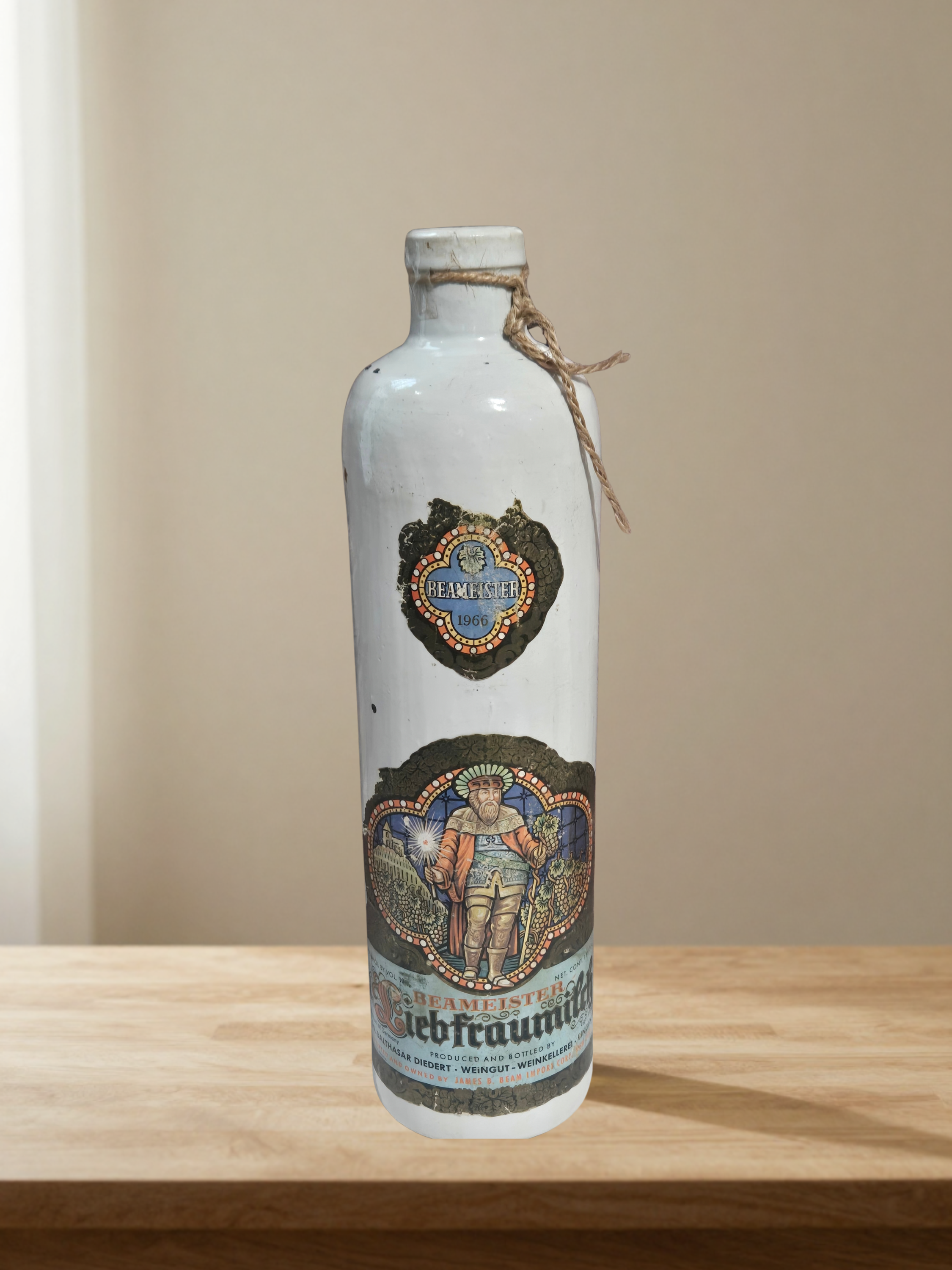 1966 Beameister Liebfraumilch Stoneware Wine Bottle, James B Beam German Vintage Bar Decor