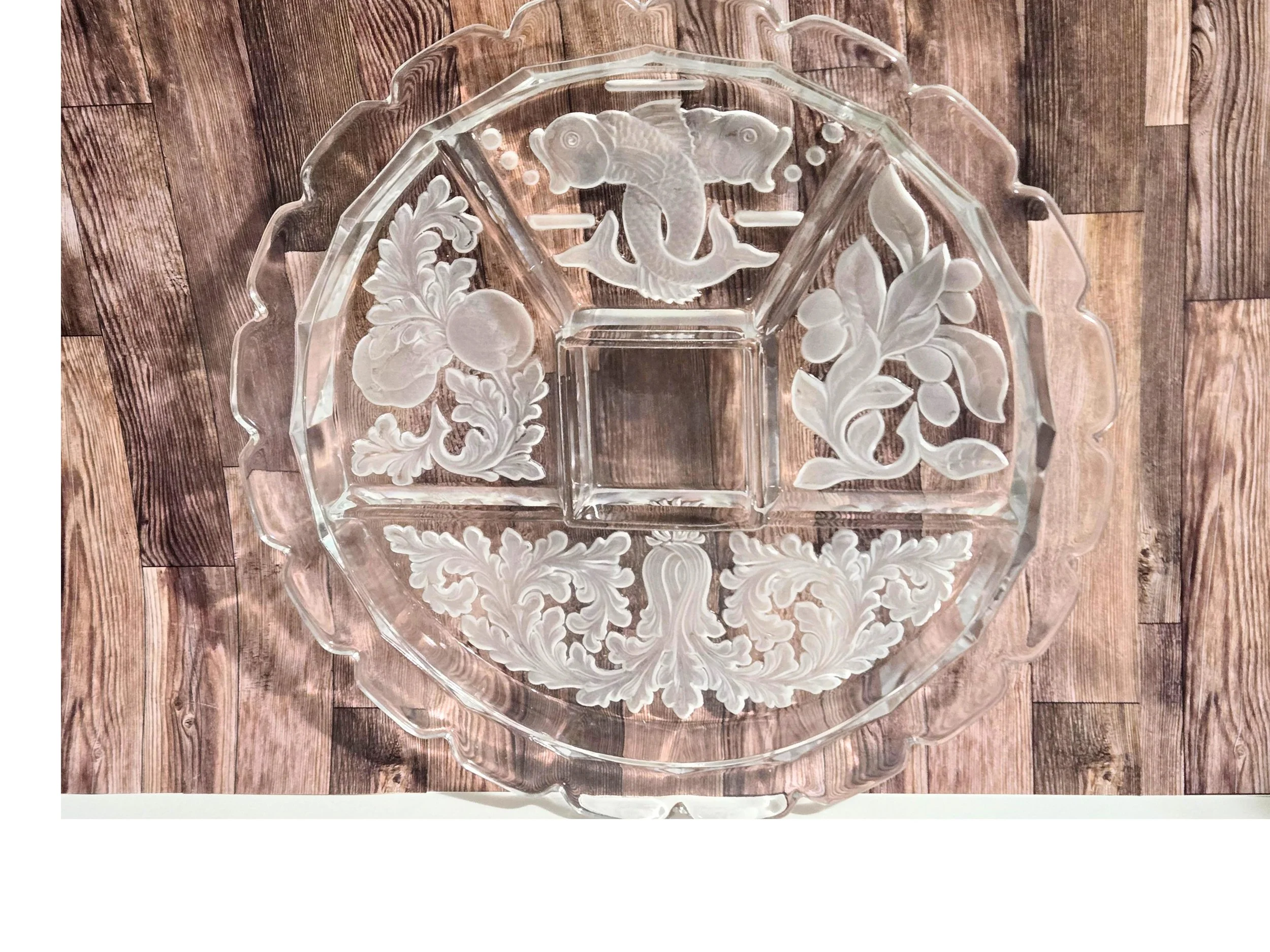 Vintage Frosted Glass Relish Tray, Fish Floral Intaglio, 5-Section Scalloped Serving Dish