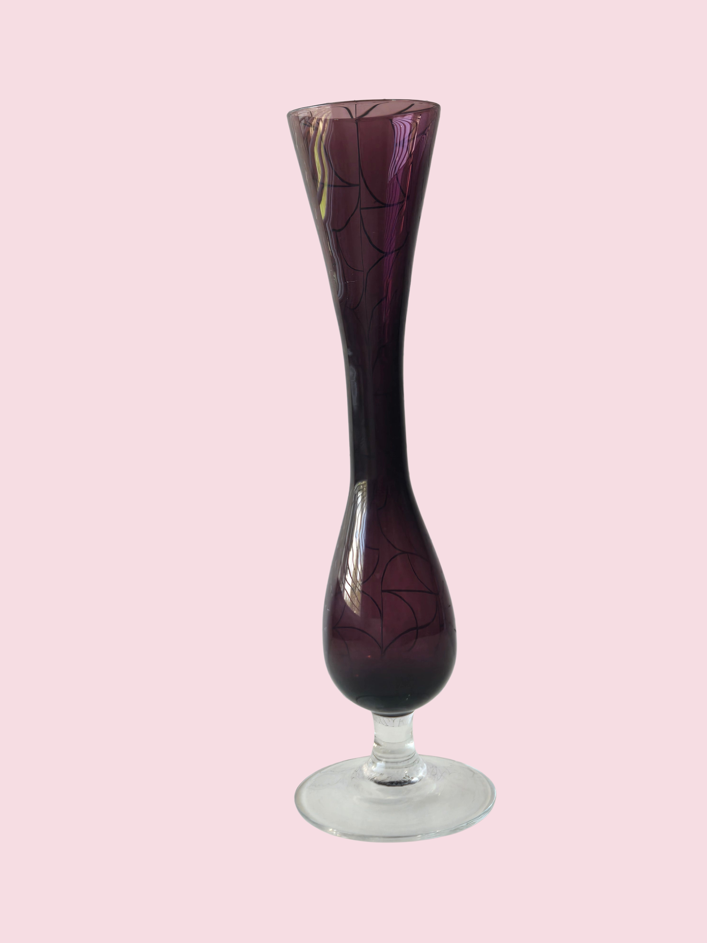 Vintage Amethyst Purple Glass Bud Vase • Footed Clear Stem • Mid Century Art Glass 10.5”
