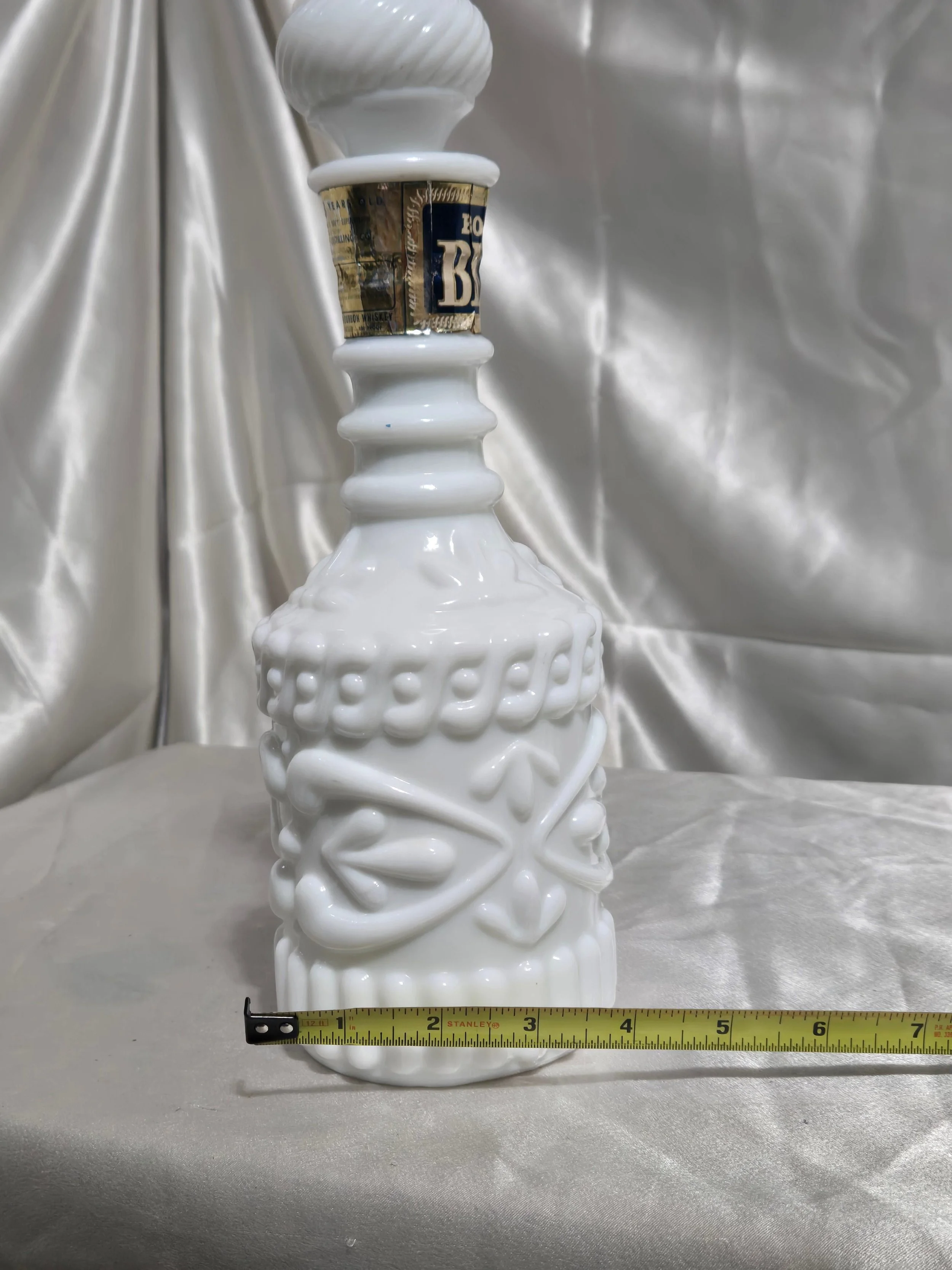 1970s Jim Beam Bonded Beam opal milk glass decanter with stopper and label