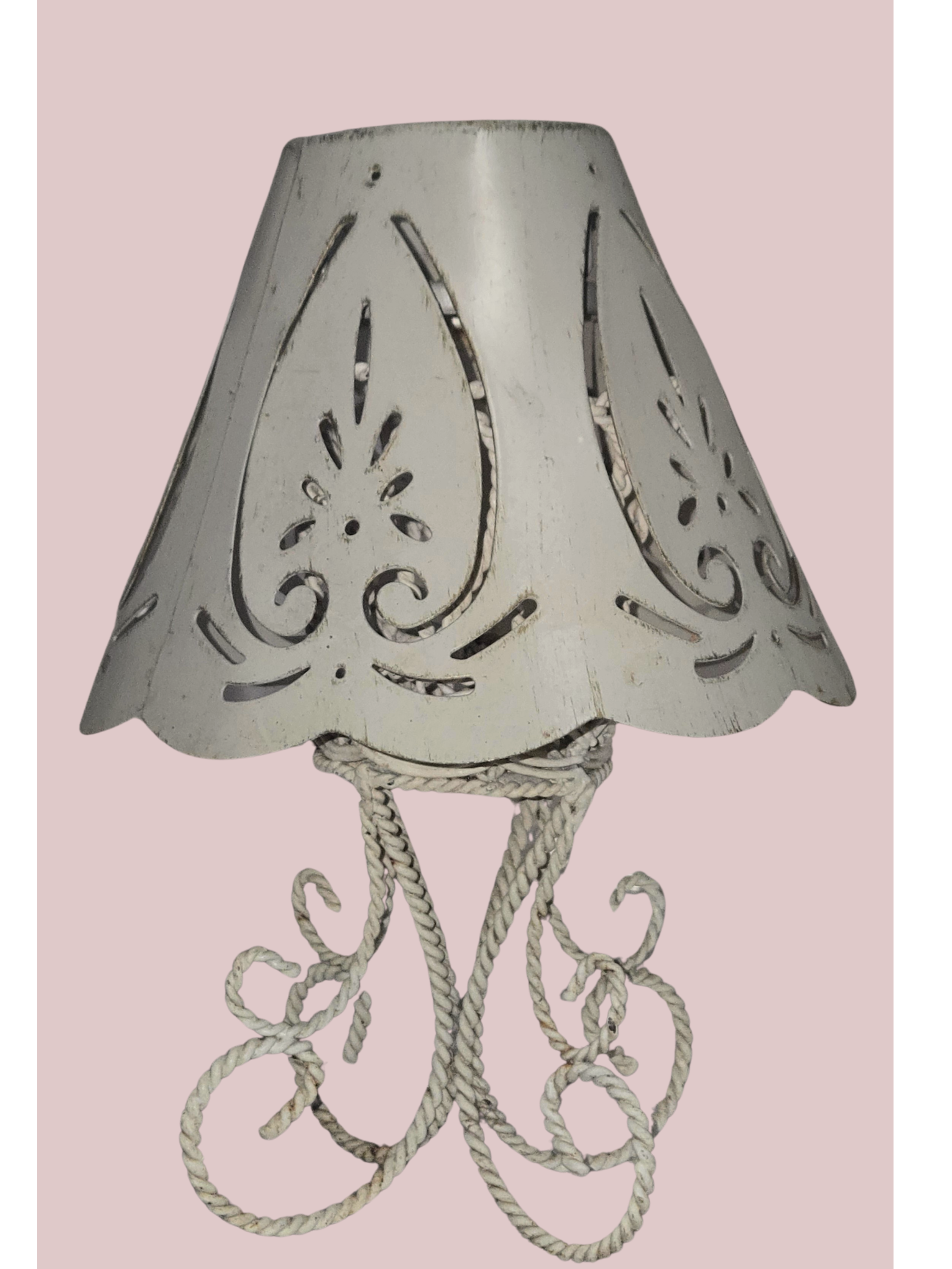 Vintage White Wire Candle Holder with Pierced Metal Shade Cottage Chic Lantern Decor