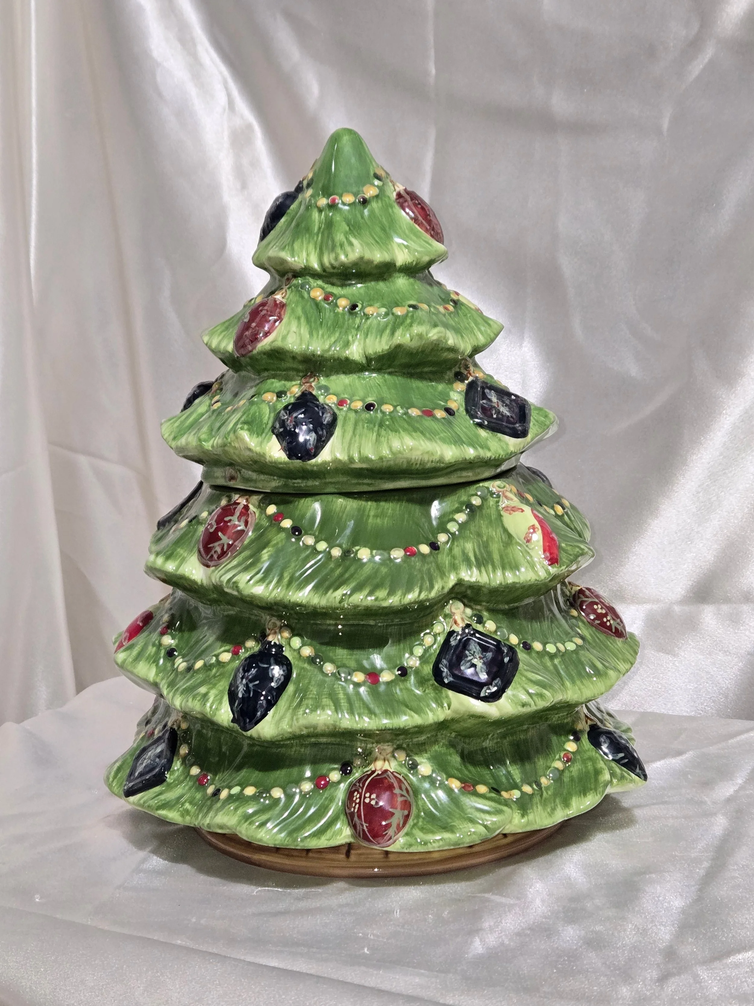 Ceramic Christmas tree cookie jar by Certified International China with ornament details and layered branches.