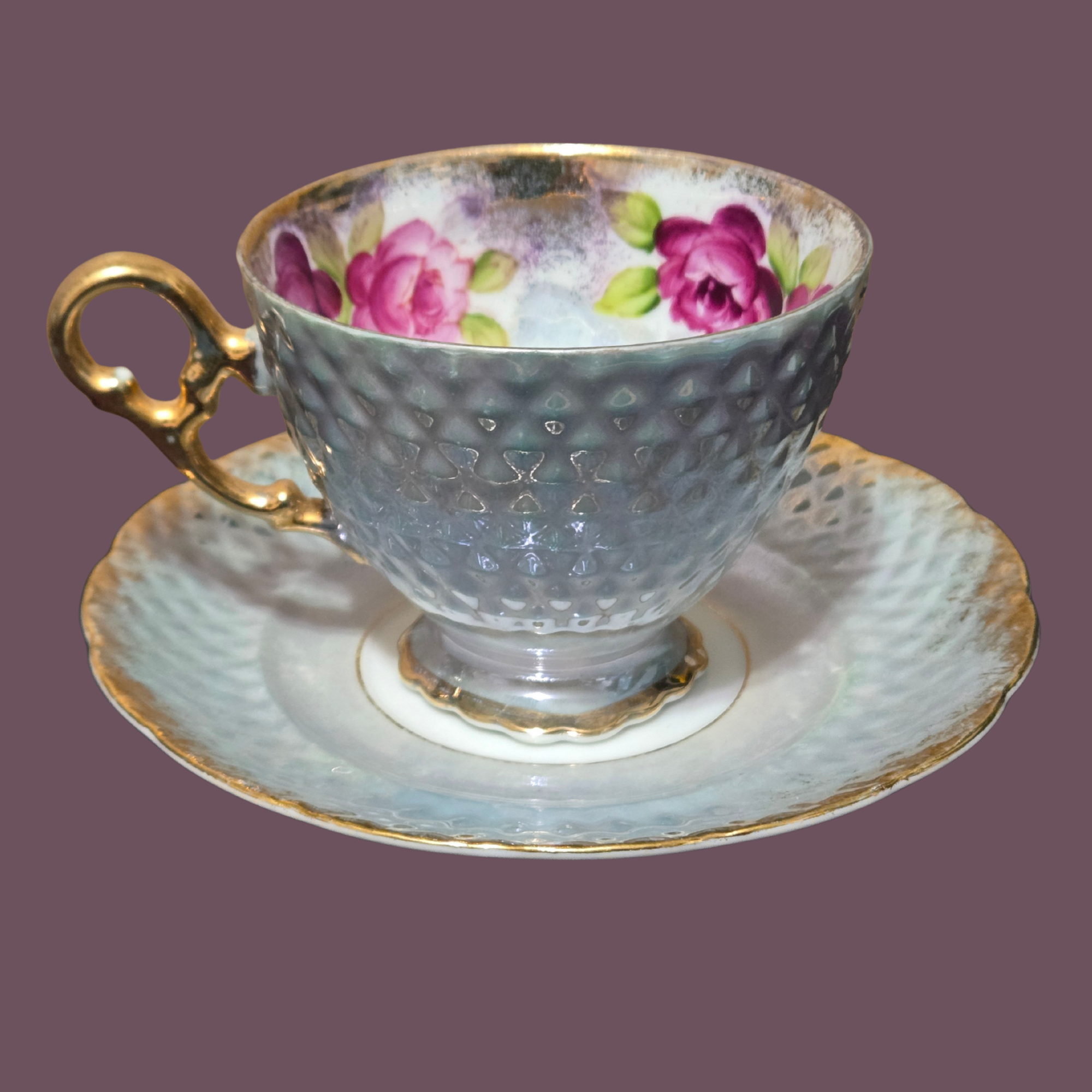 Vintage Japan Lusterware Teacup Saucer Pink Roses Gold Handle