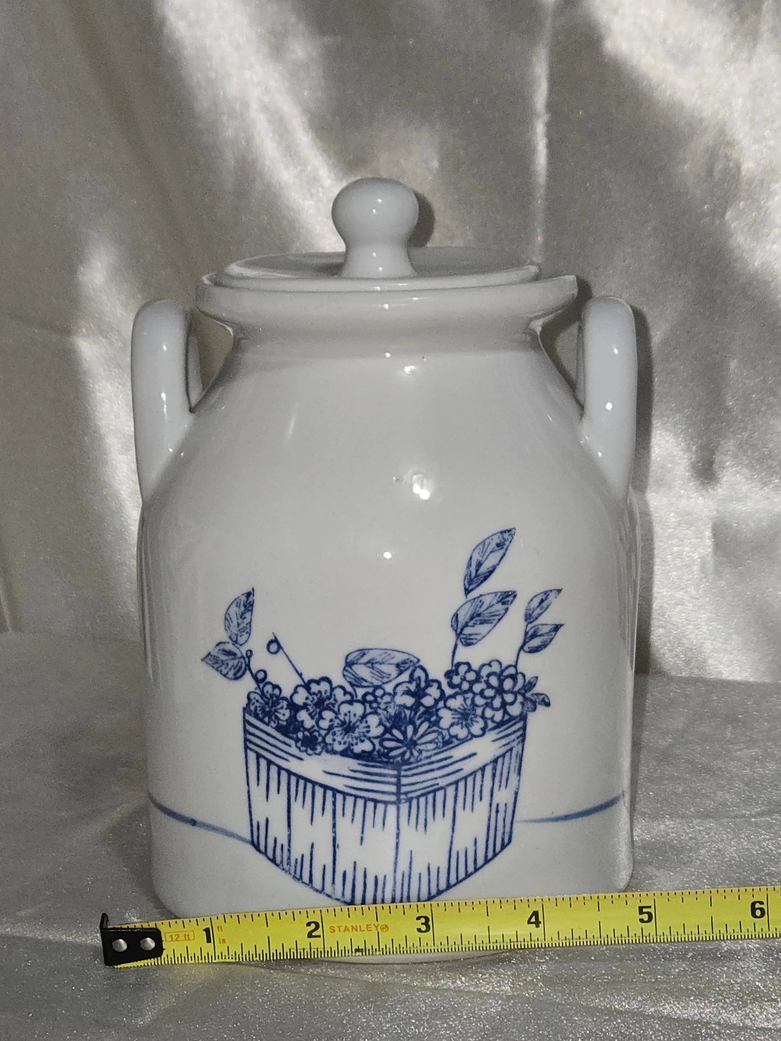 Vintage Blue White Ceramic Flower Basket Canister with Lid • Double Handle Kitchen Crock