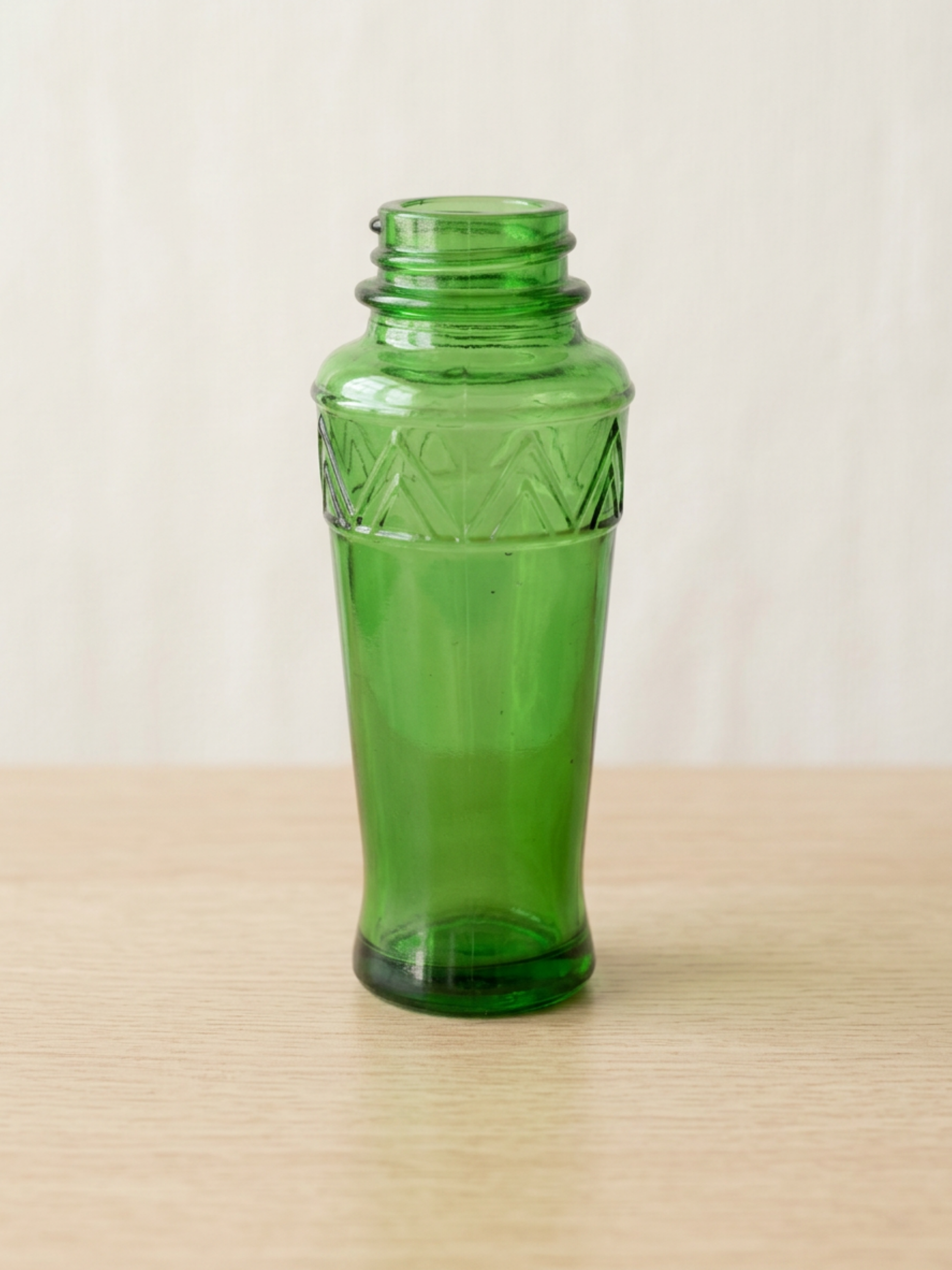 Vintage Emerald Green Glass Bottle Geometric Band Missing Cap 4 Inch