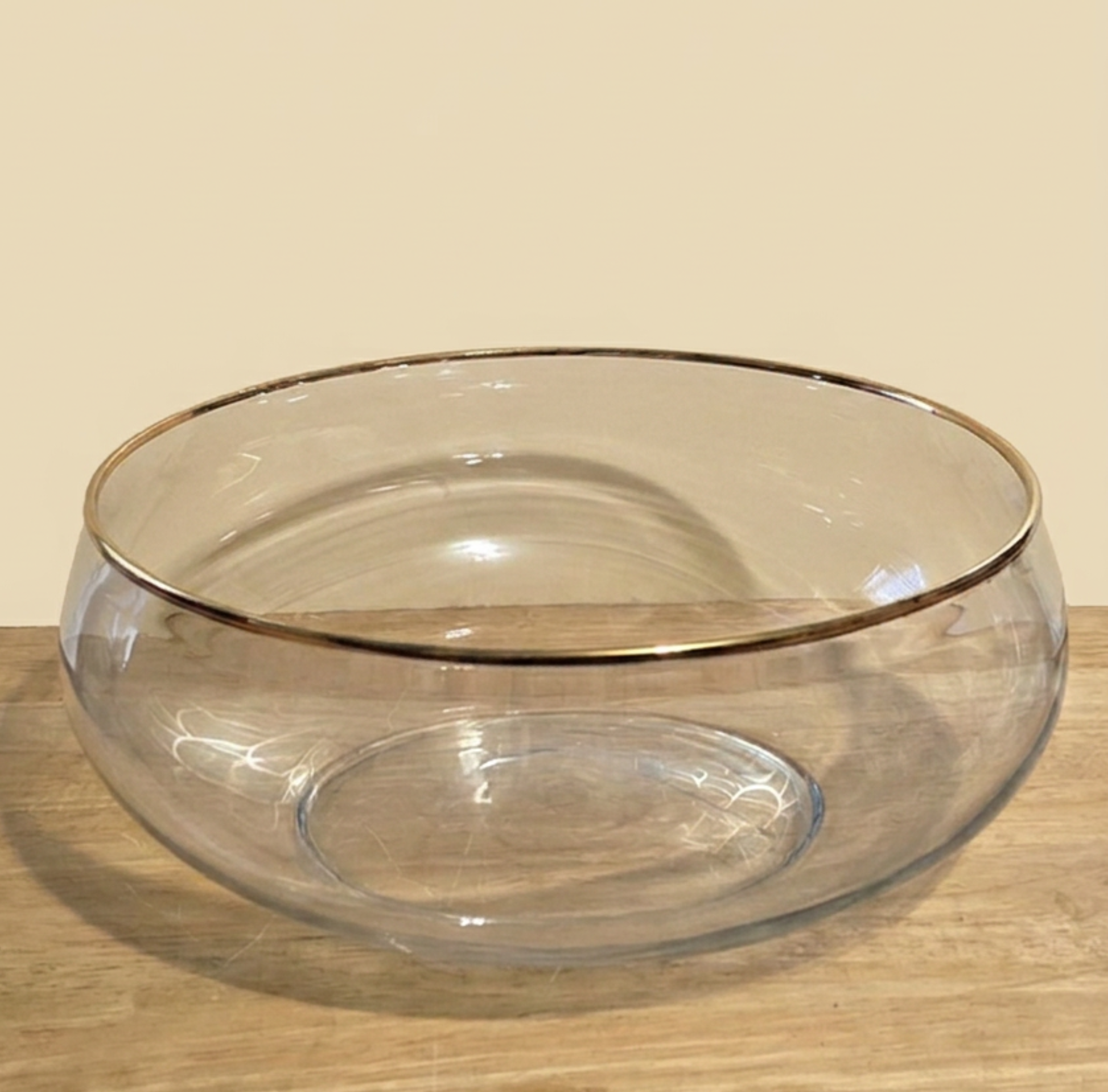 Vintage Gold Rim Glass Bowl, 10 Inch Clear Centerpiece Serving Bowl, Mid Century Table Decor