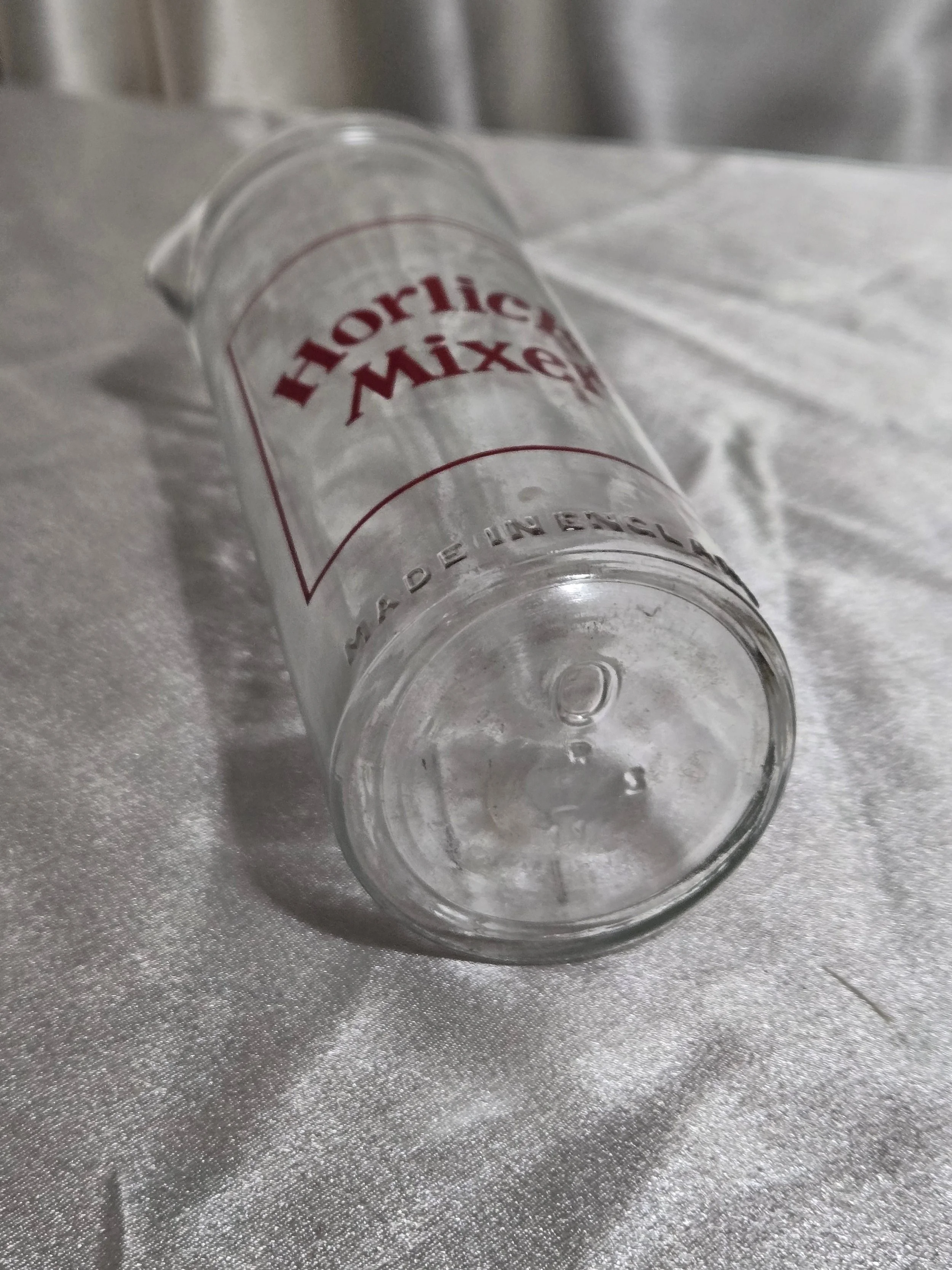 Bottom view of Horlicks glass marked Made in England