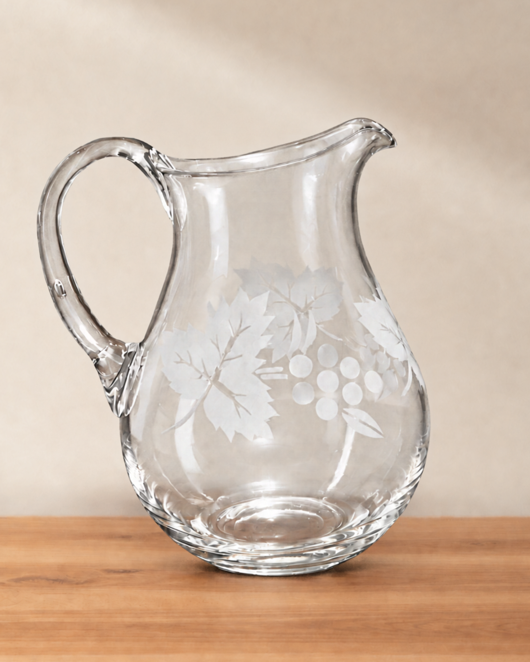 Vintage Etched Glass Pitcher Grapevine Leaf Pattern Water Lemonade Jug 8 Inch