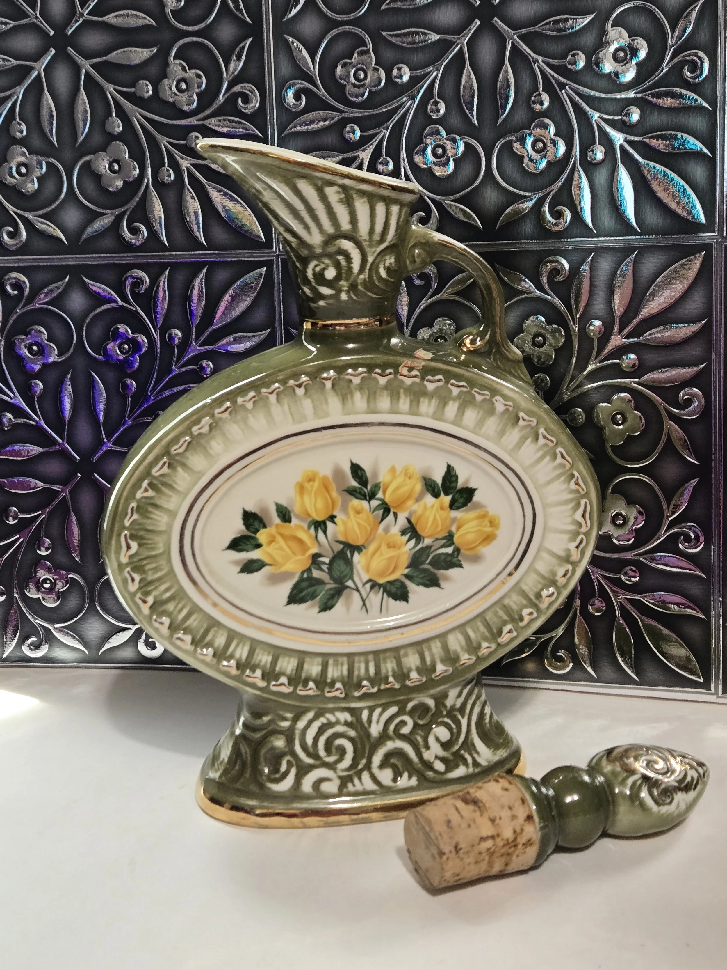 Vintage 1969 James Beam Decanter, Olive Green Ceramic Liquor Bottle, Yellow Roses