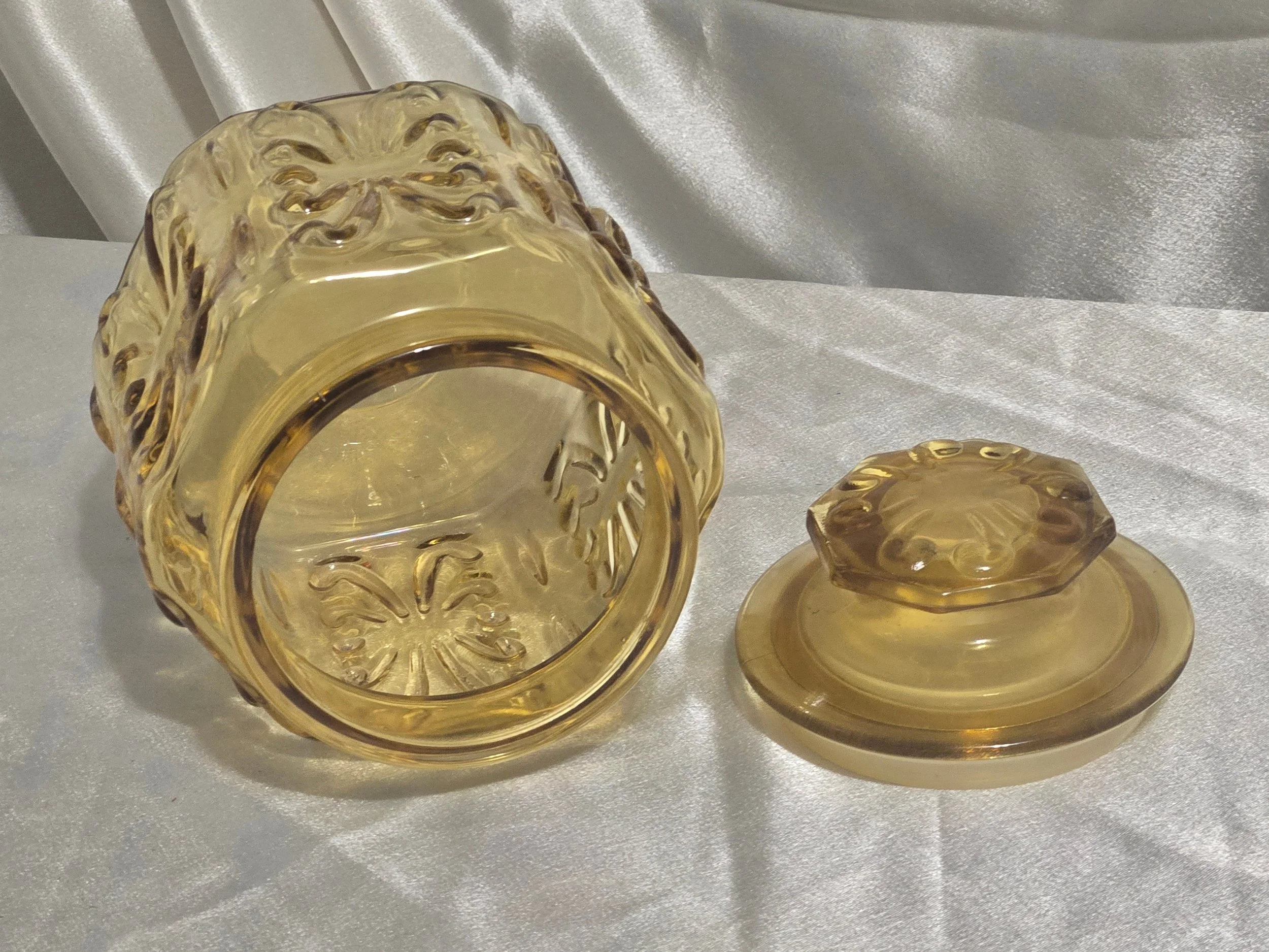 Vintage amber pressed glass cookie jar with lid, 1970s retro kitchen canister