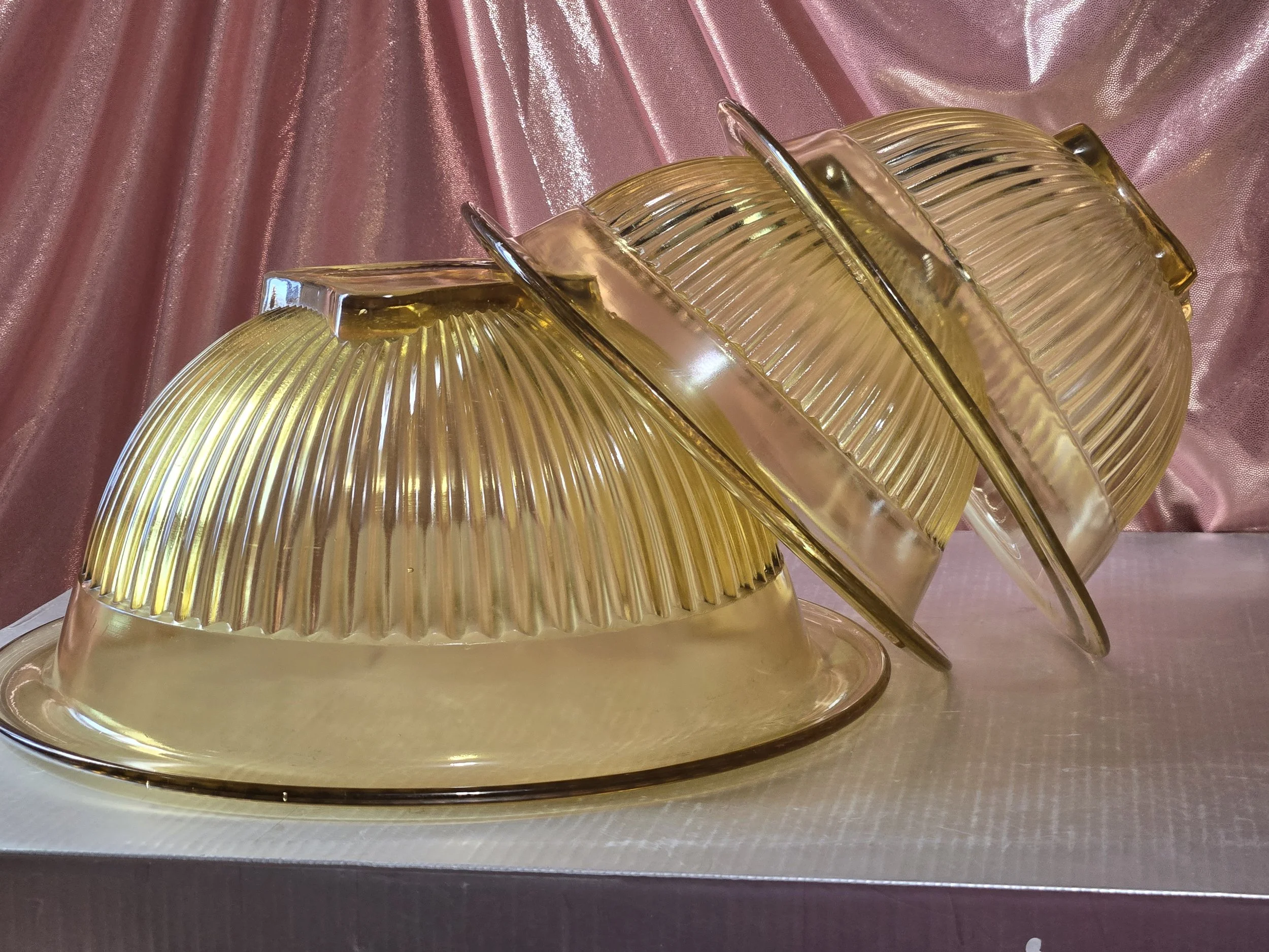 Vintage Amber Depression Glass Footed Bowl Set of 3 – Ribbed Pedestal Serving Bowls – 1930s Kitchen Glassware