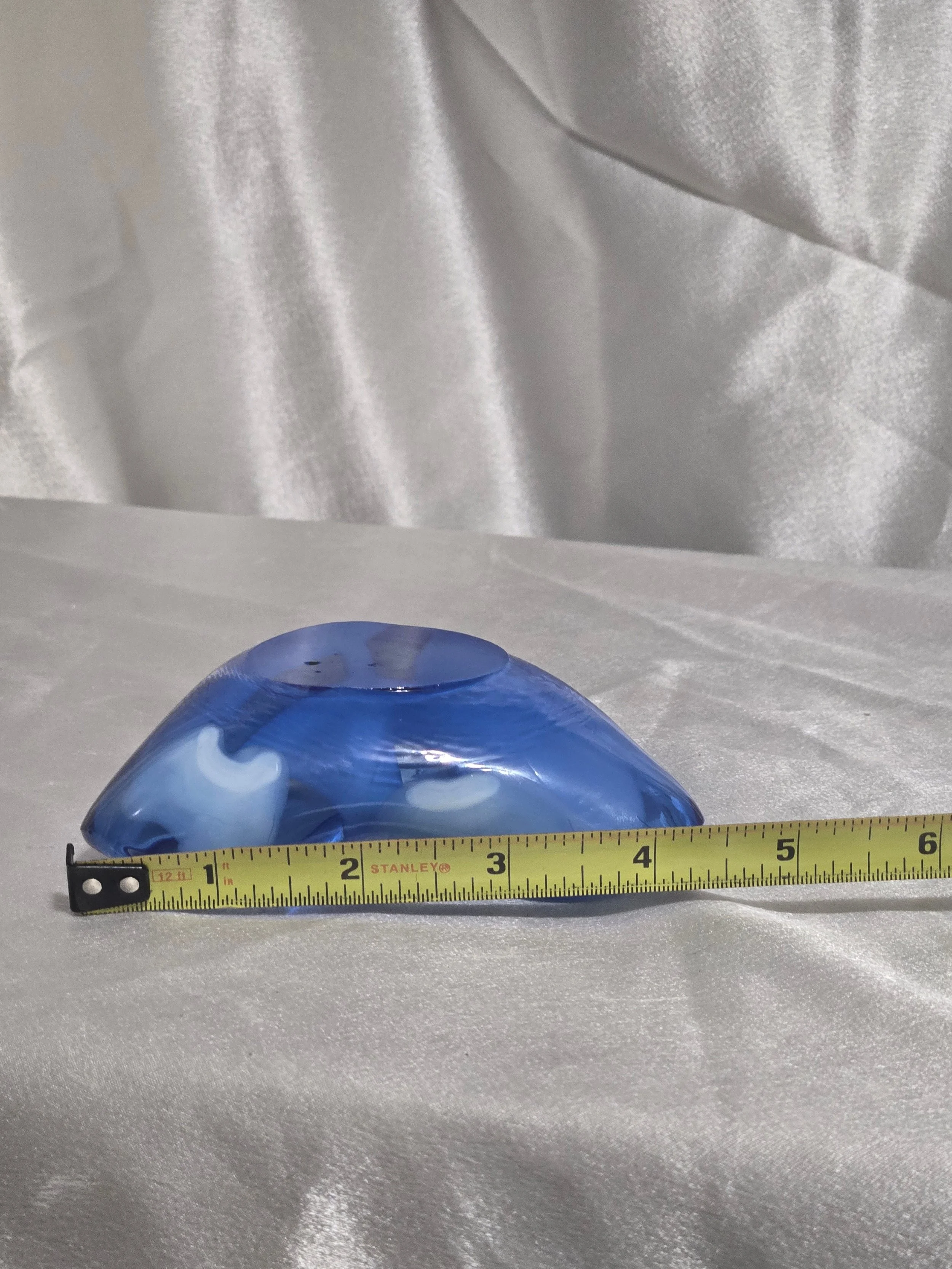 Mid century style blue glass catchall photographed with measurements