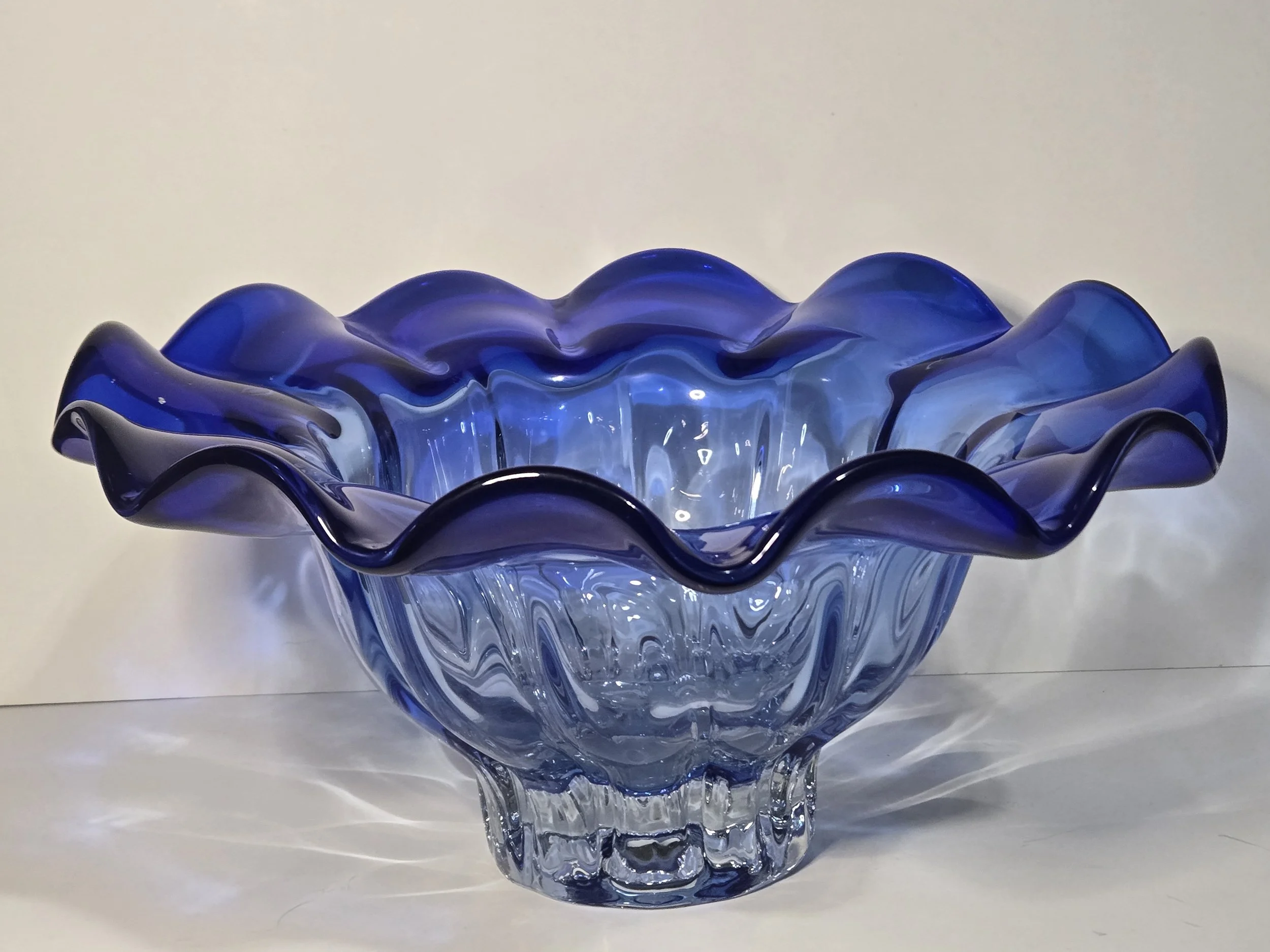 Vintage Shannon Crystal Cobalt Blue Ruffled Bowl • Polish Art Glass Centerpiece