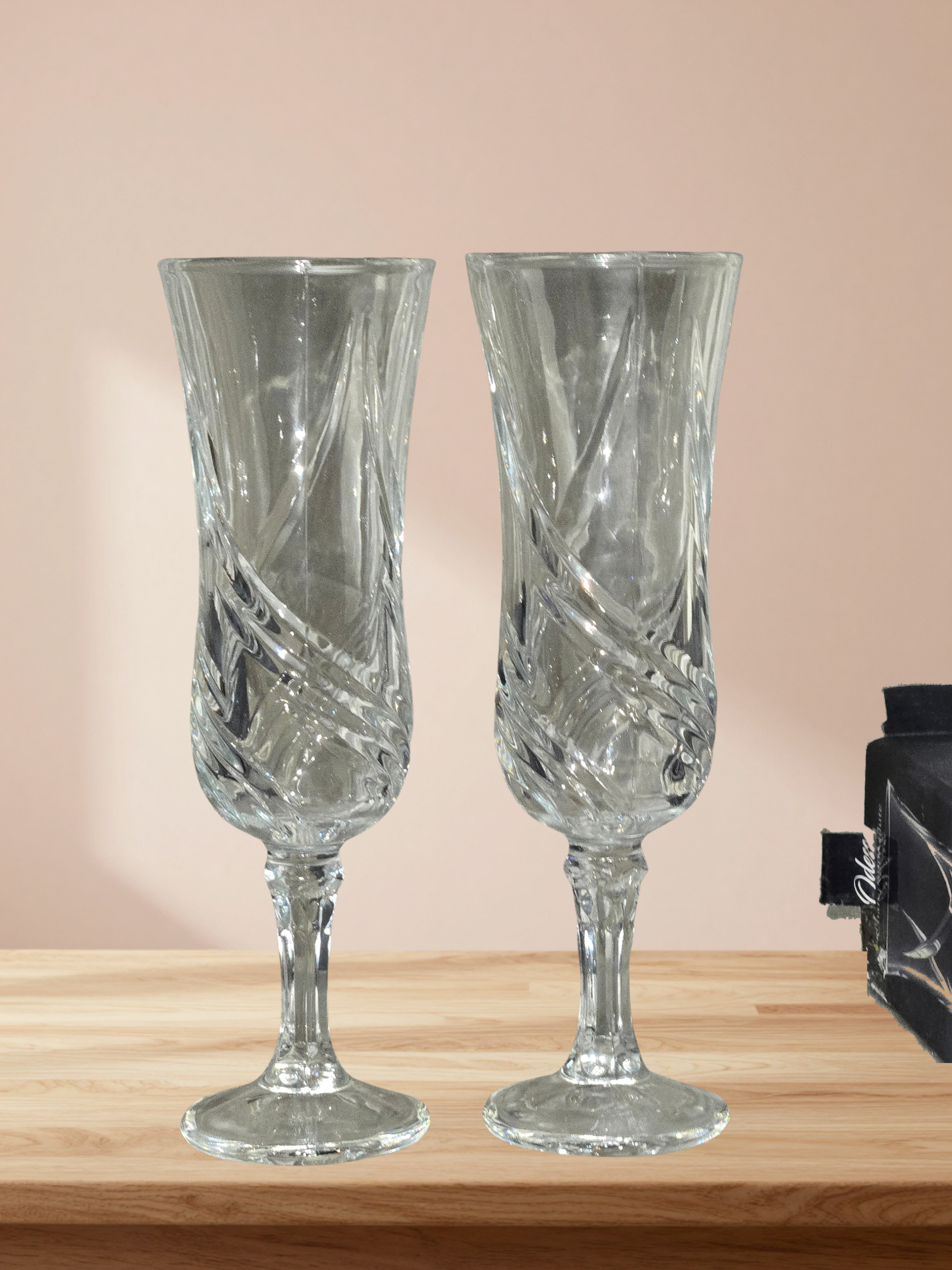 Odessa Champagne Flutes Set of 2, Swirl Cut Toasting Glasses in Original Boxes