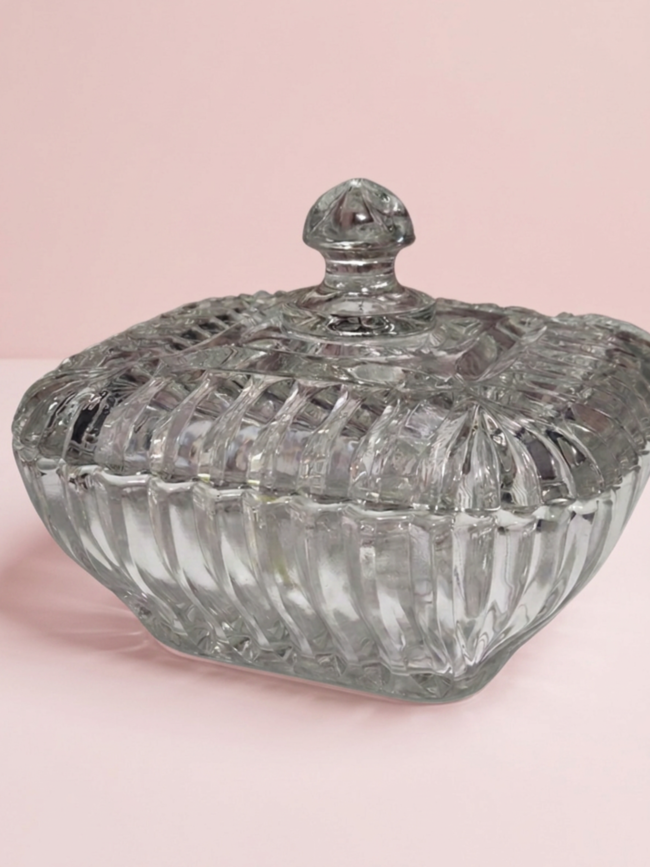 Vintage National Glass Lidded Candy Dish • Clear Pressed Glass Square Ribbed Bowl, 1980s