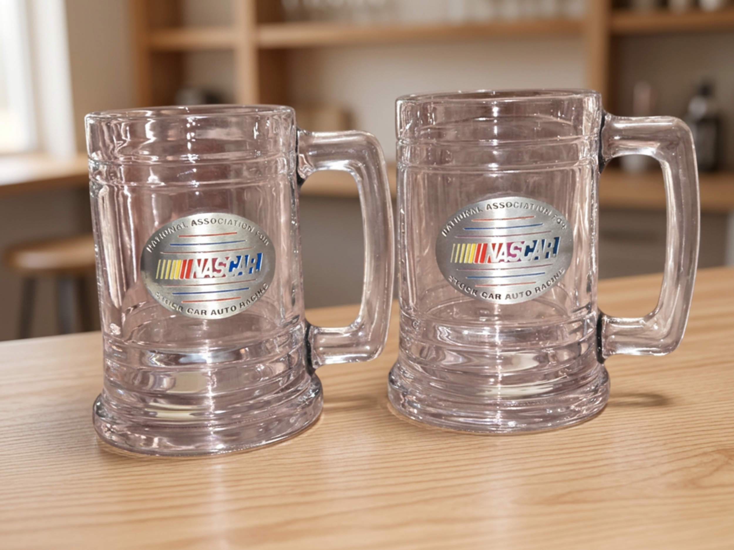 Vintage NASCAR Glass Beer Mugs Set of 2 Heavy Racing Barware