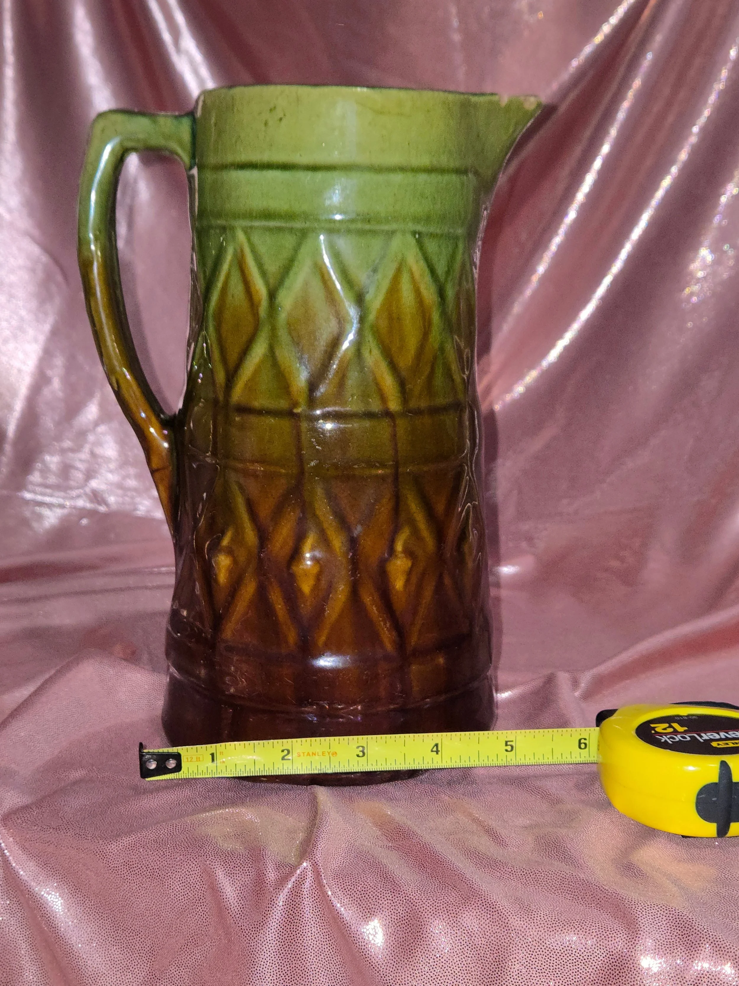 Vintage Green Brown Ceramic Pitcher Mid Century Pottery Diamond Pattern