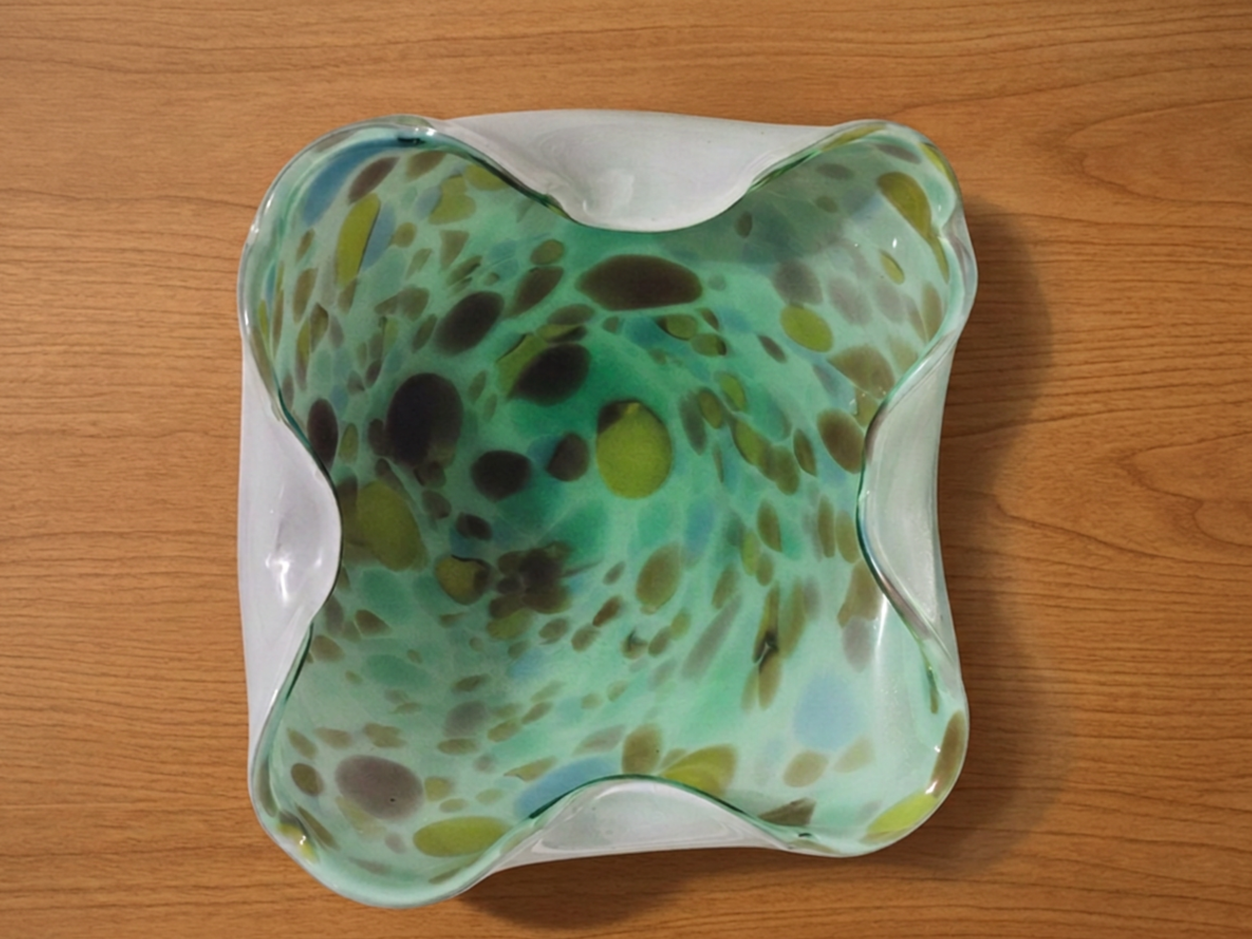 Vintage Green Speckled Art Glass Bowl • Freeform Sculptural Glass • Murano Style Decor