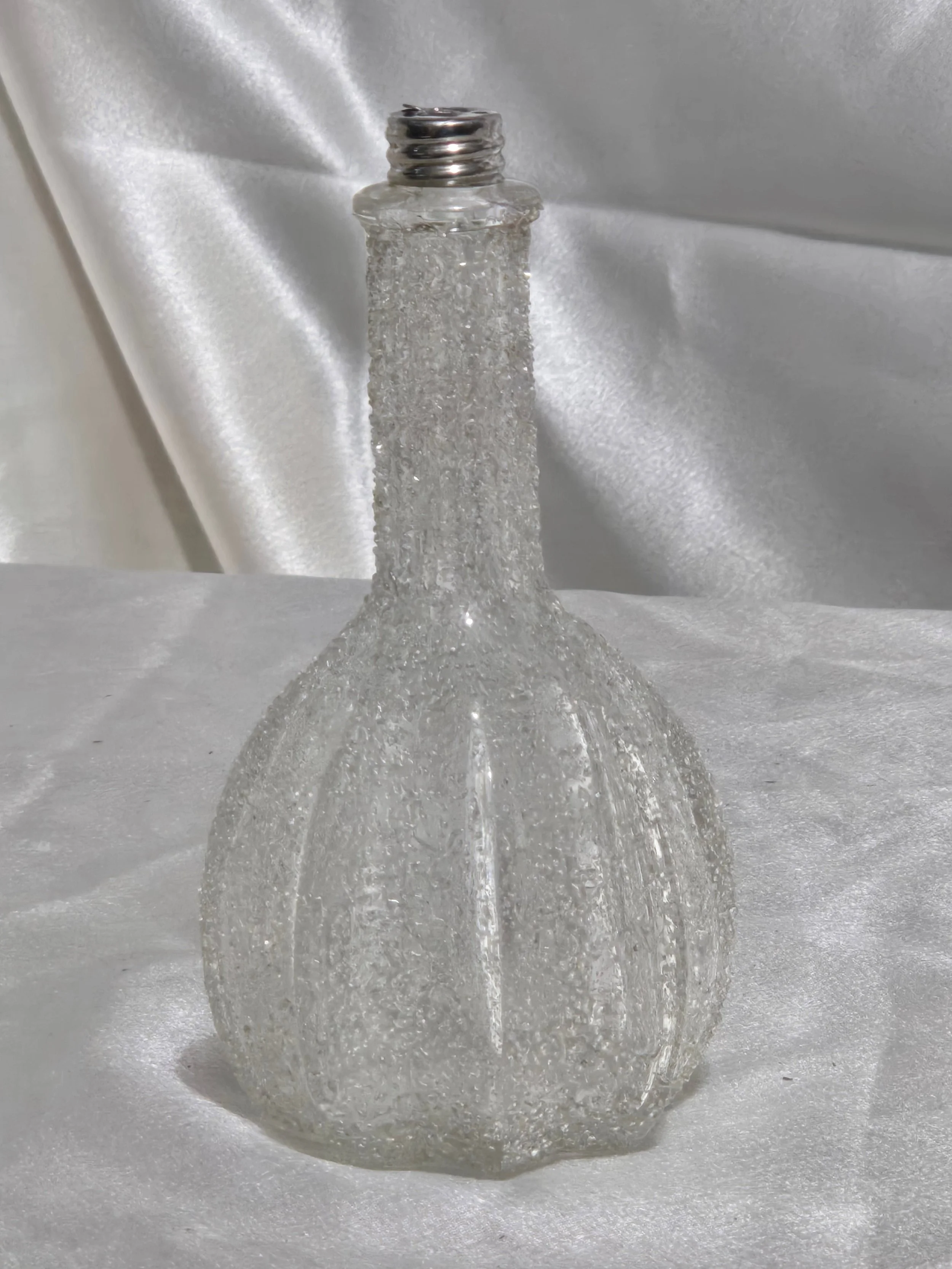 Vintage clear crackle glass vanity bottle with ribbed base and silver collar