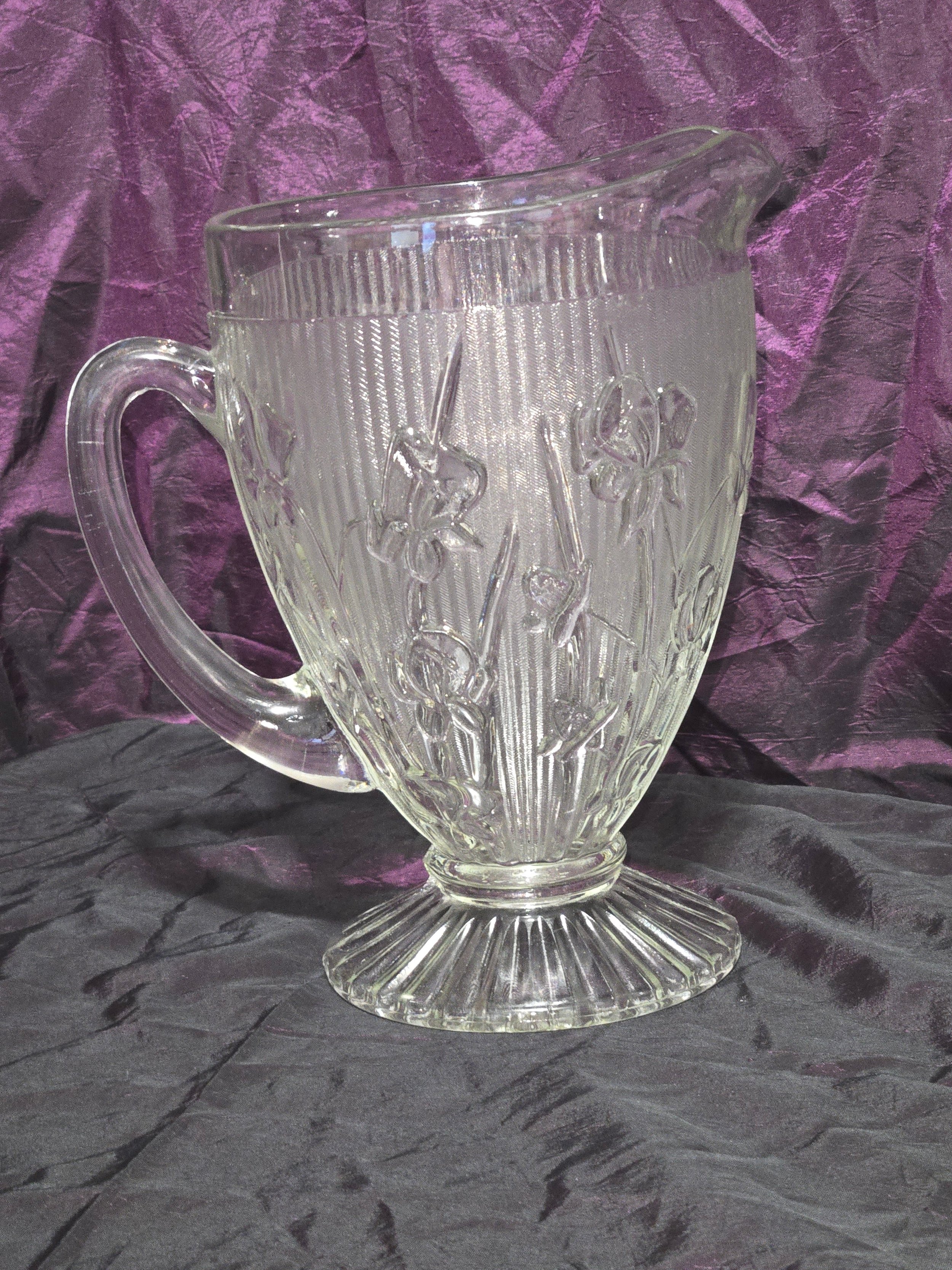 Jeannette Iris & Herringbone Pitcher Clear Depression Glass c1930