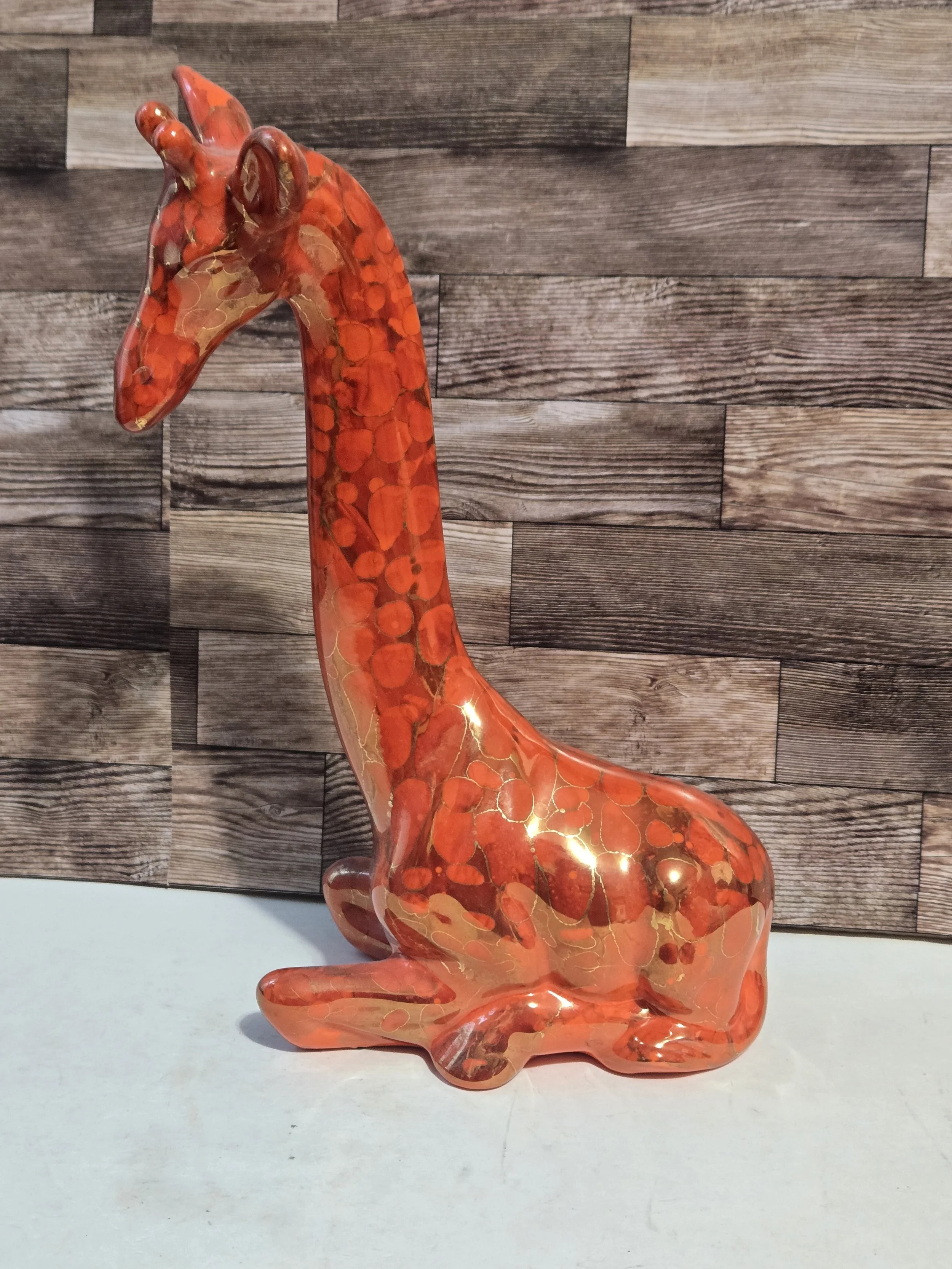 Vintage Orange Ceramic Giraffe Figurine • Gold Crackle Bubble Glaze Animal Decor