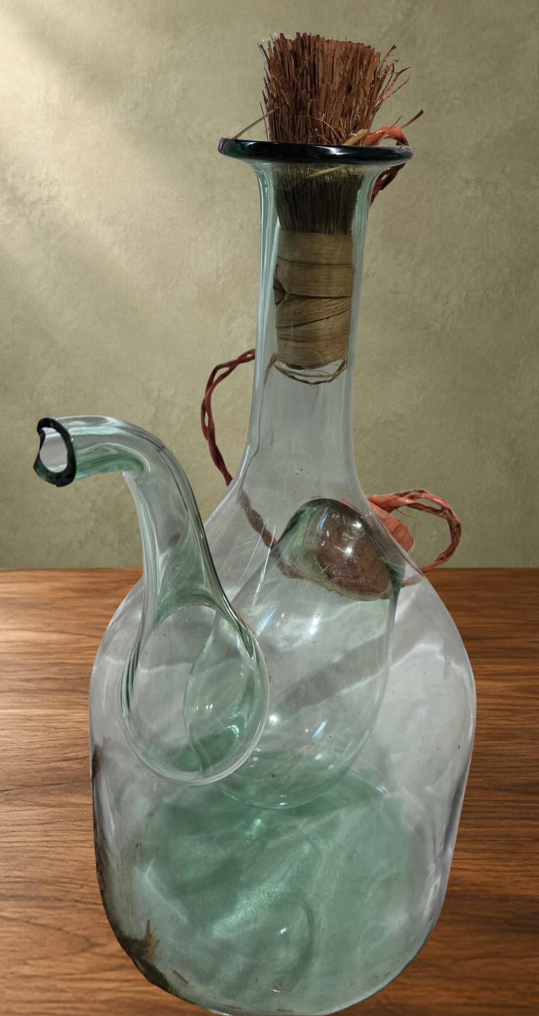 Vintage Green Glass Wine Decanter with Ice Chamber | Porron Style Bottle & Macrame Hanger