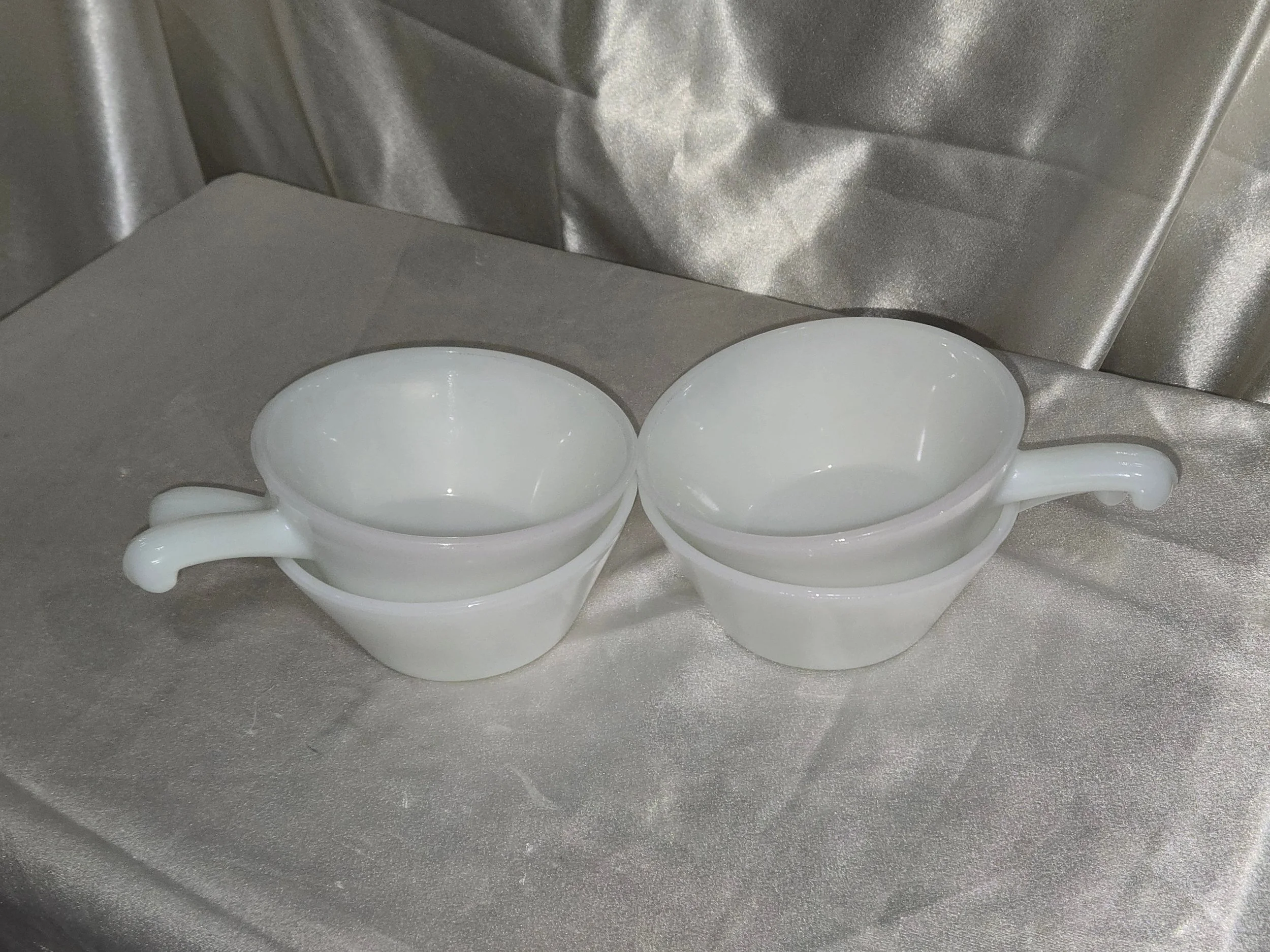 Vintage Anchor Hocking Fire-King milk glass soup bowls with side handles, mid century white glass cookware