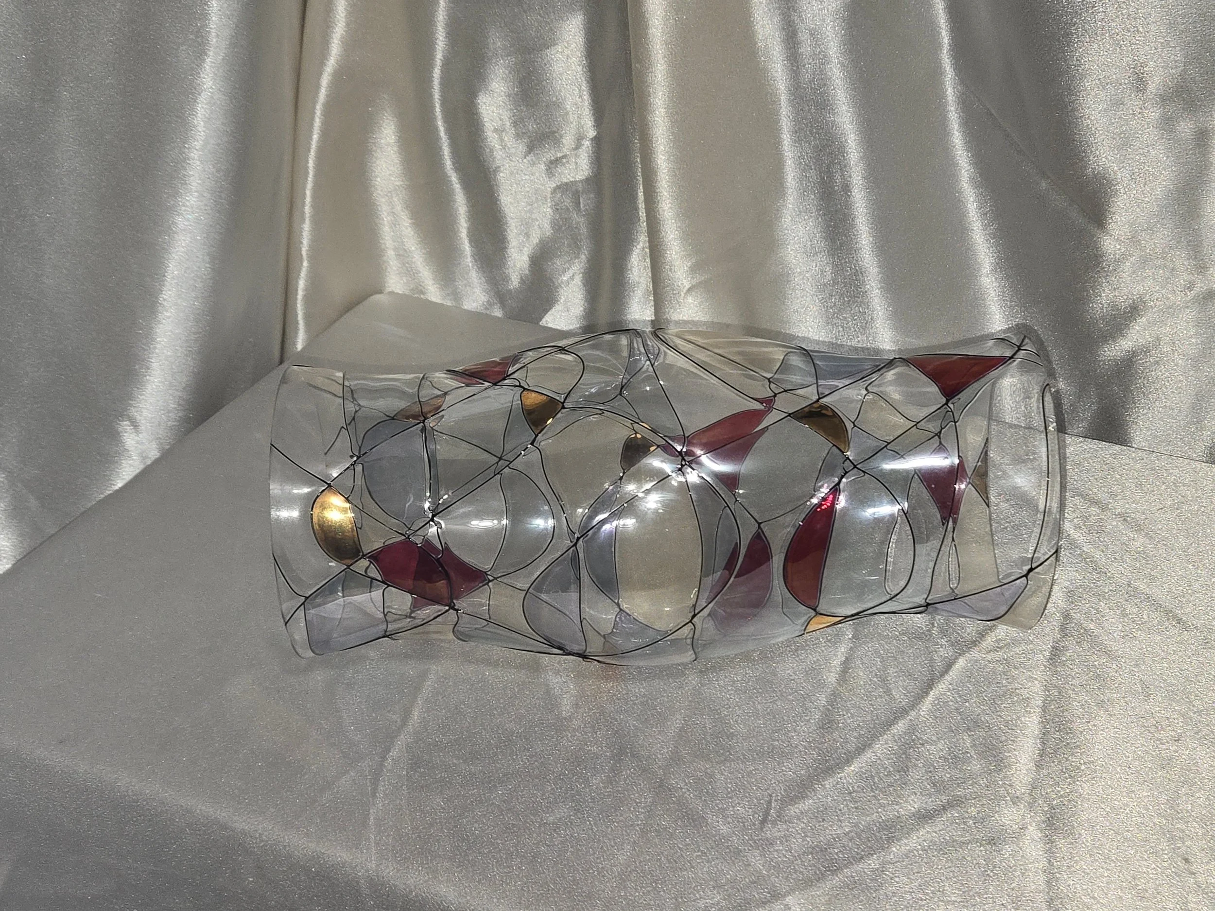 Decorative glass candle sleeve red gold silver accents