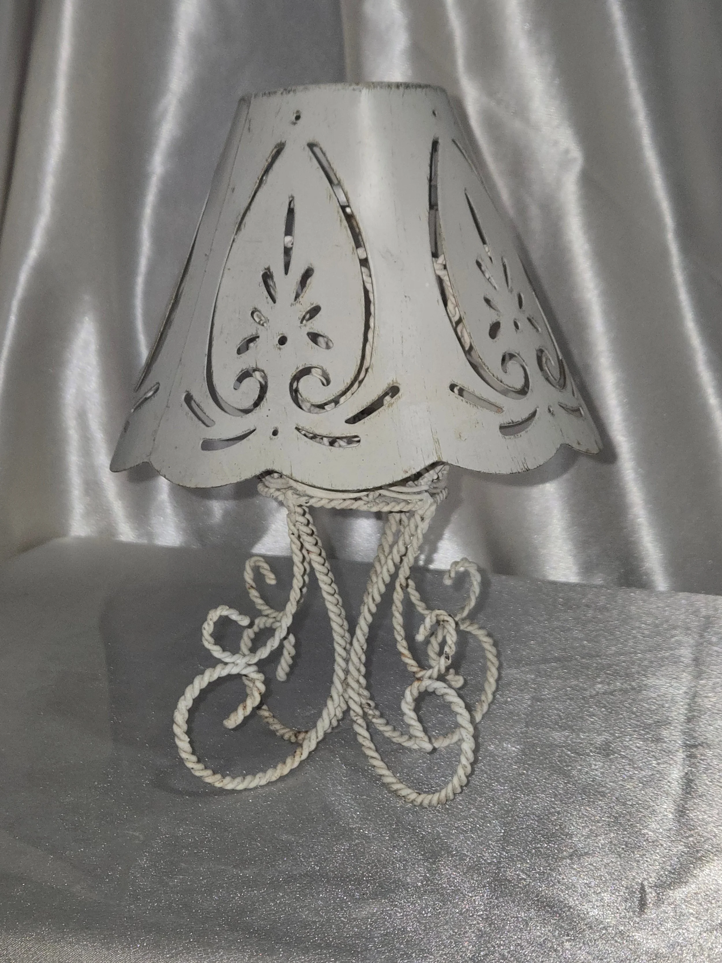 Vintage White Wire Candle Holder with Pierced Metal Shade