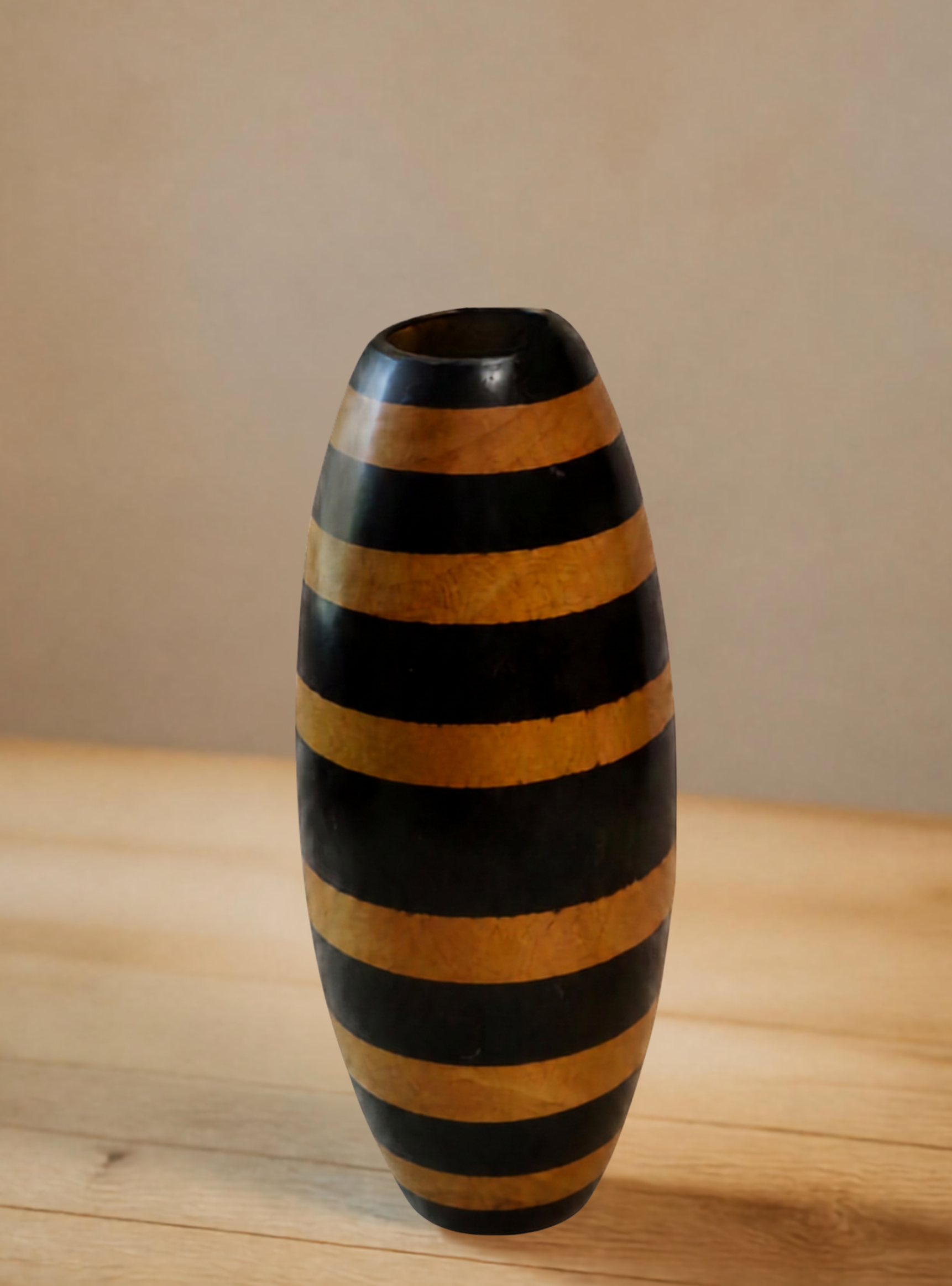 Vintage Striped Wooden Vase, Black & Natural Wood Tall Decorative Vessel, 12 Inch Boho Modern Home Decor