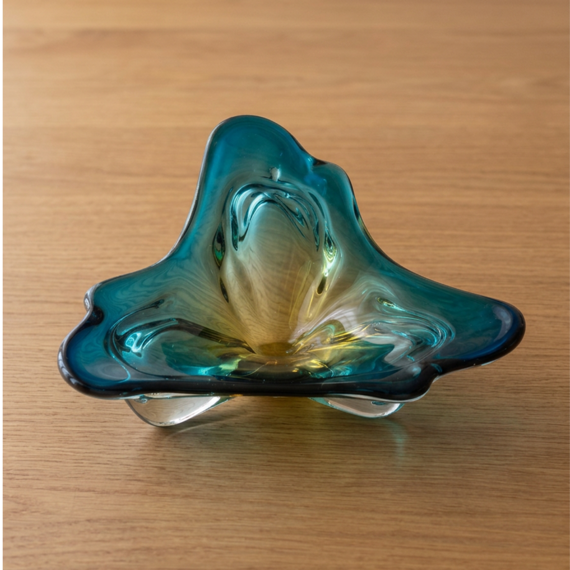 Vintage Freeform Art Glass Bowl • Blue Amber Sculptural Glass Centerpiece • Murano Style Decor
