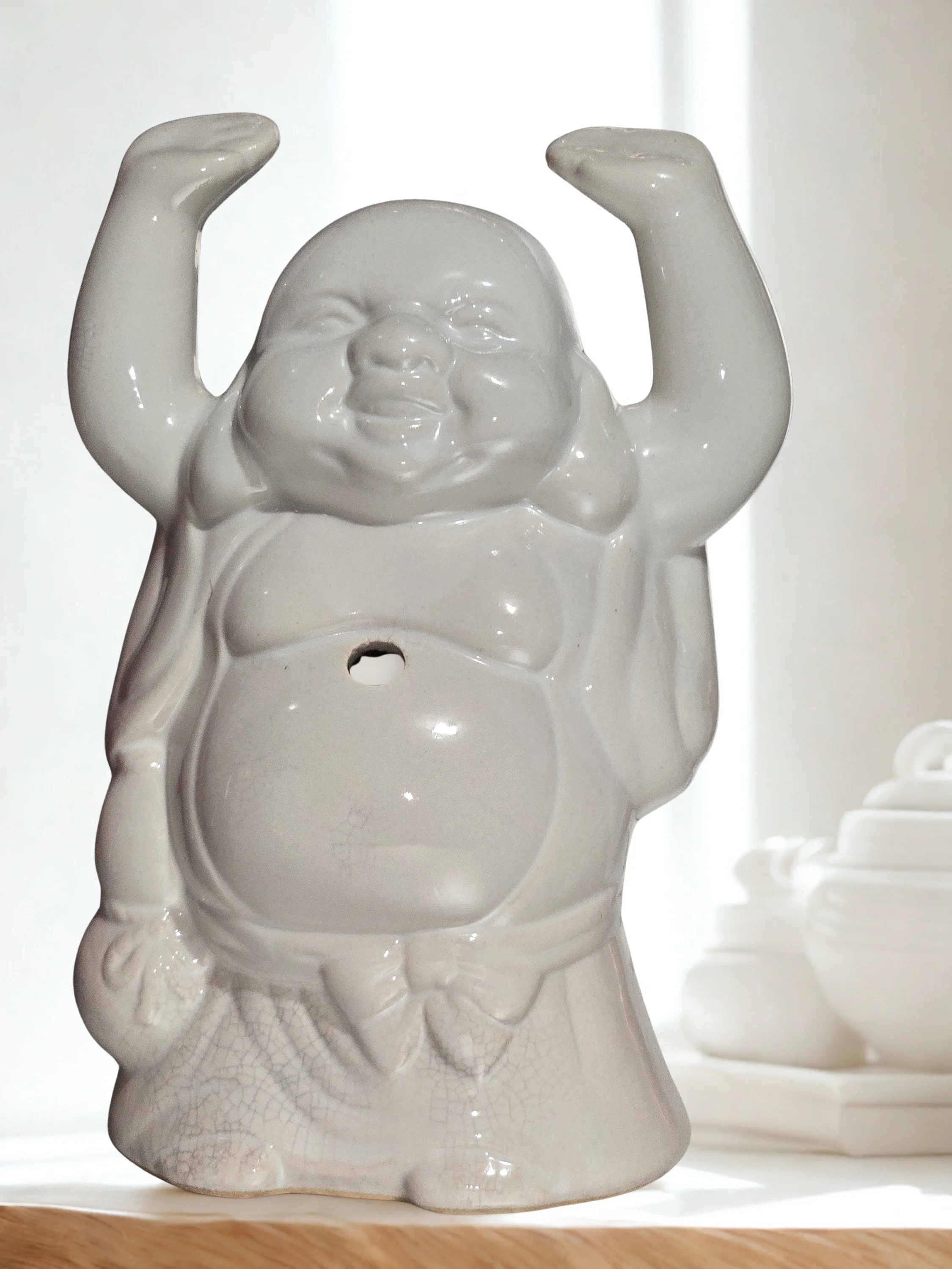 Vintage Happy Buddha Figurine Ceramic Hotei Statue Crackle Glaze 7 Inch