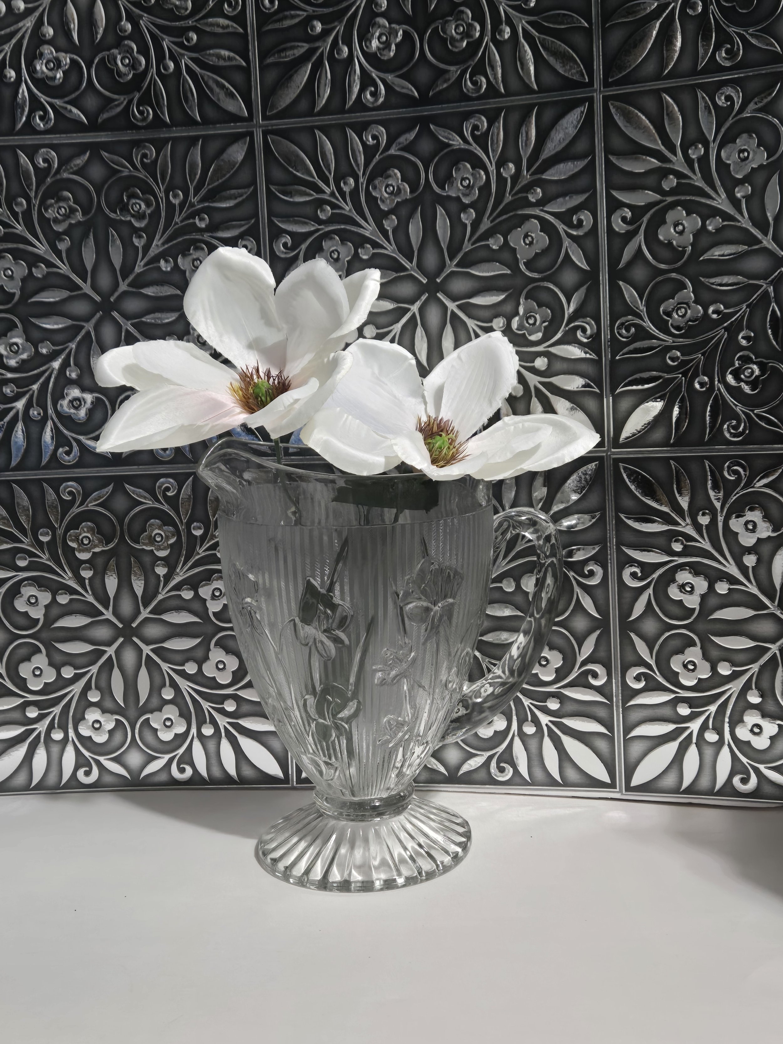 Vintage Jeannette Iris & Herringbone Pitcher, Clear Depression Glass Water Pitcher, Elegant Floral Pedestal Glassware