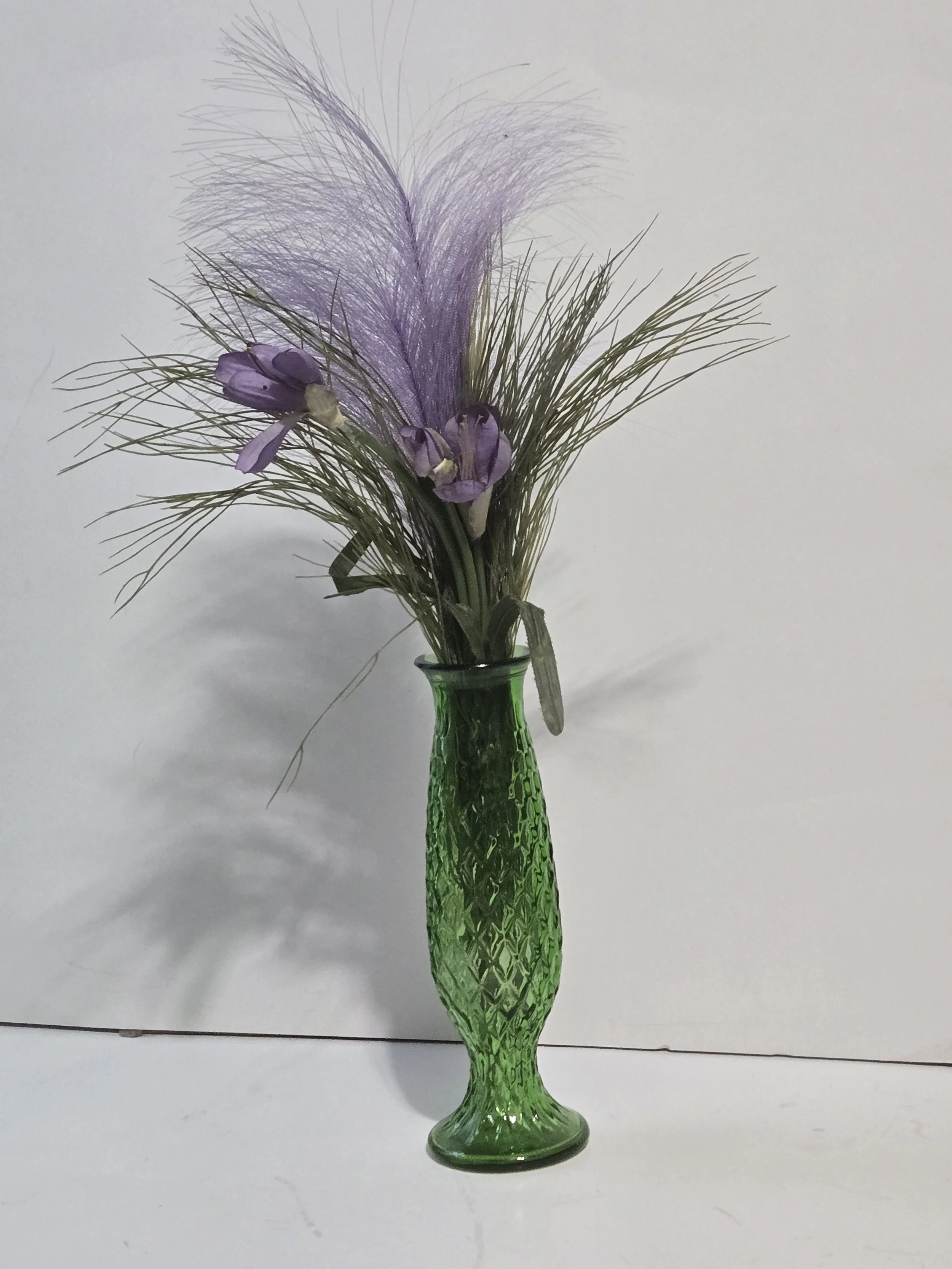 Vintage E.O. Brody Emerald Green Glass Bud Vase with Floral Arrangement, MCM Decor
