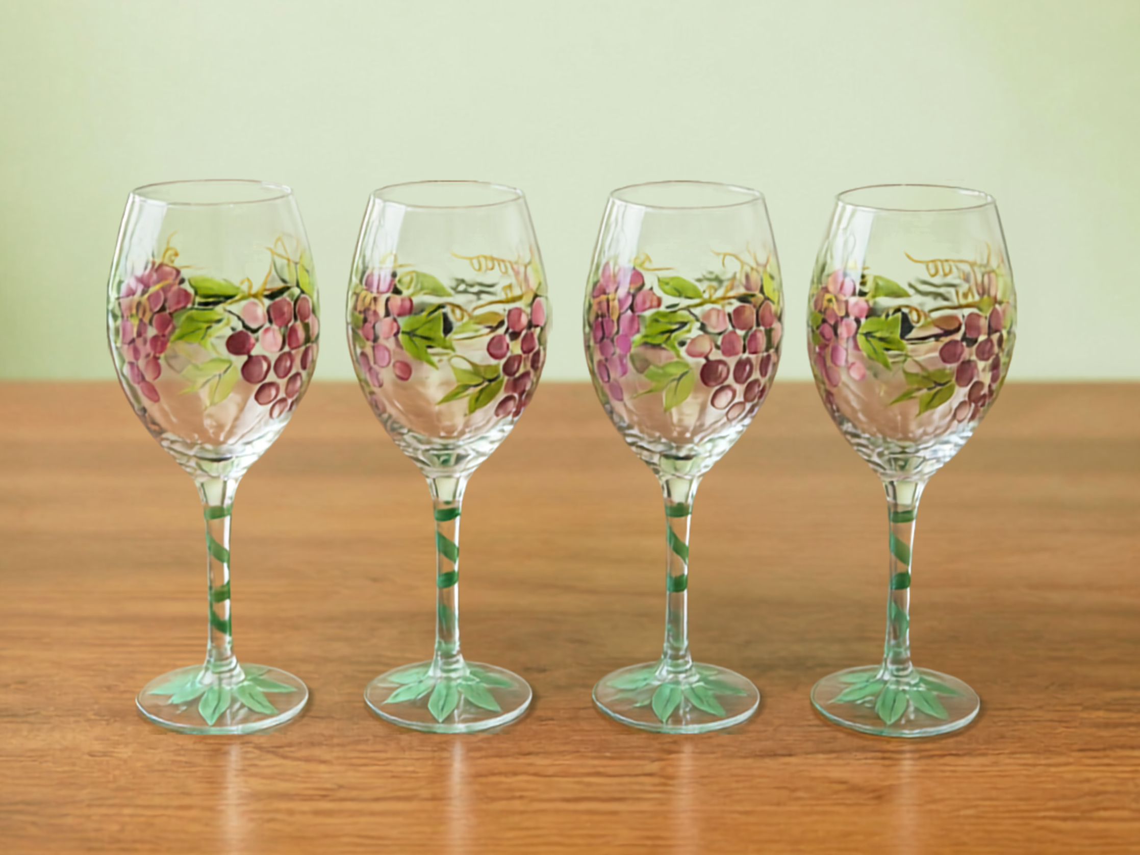 Vintage Hand Painted Grape Wine Glasses Set of 4 • Vineyard Stemware • Purple Green Wine Glass Set