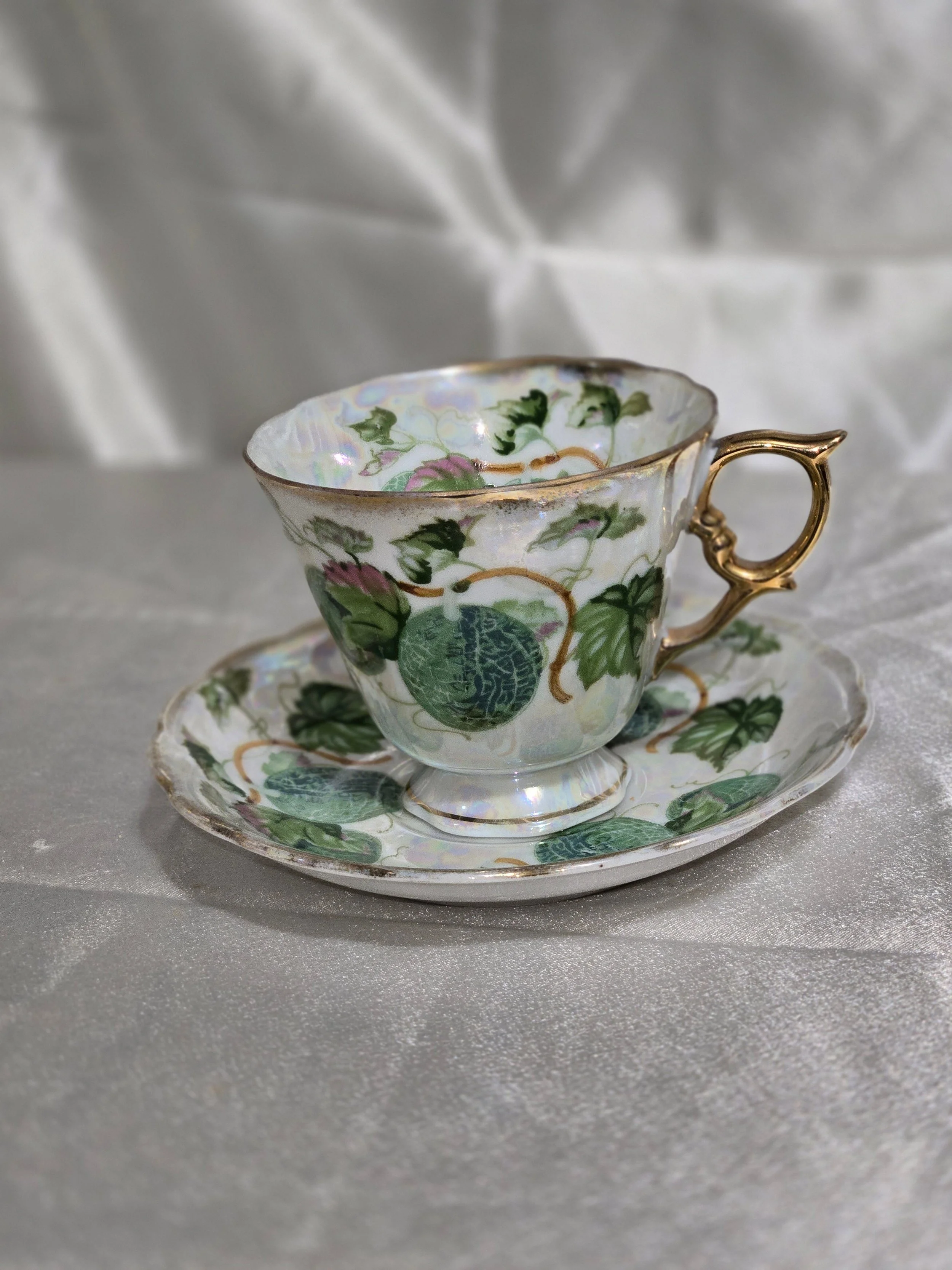 Vintage Ucagco Teacup Saucer • Pearl Lusterware Melon Pattern Bone China