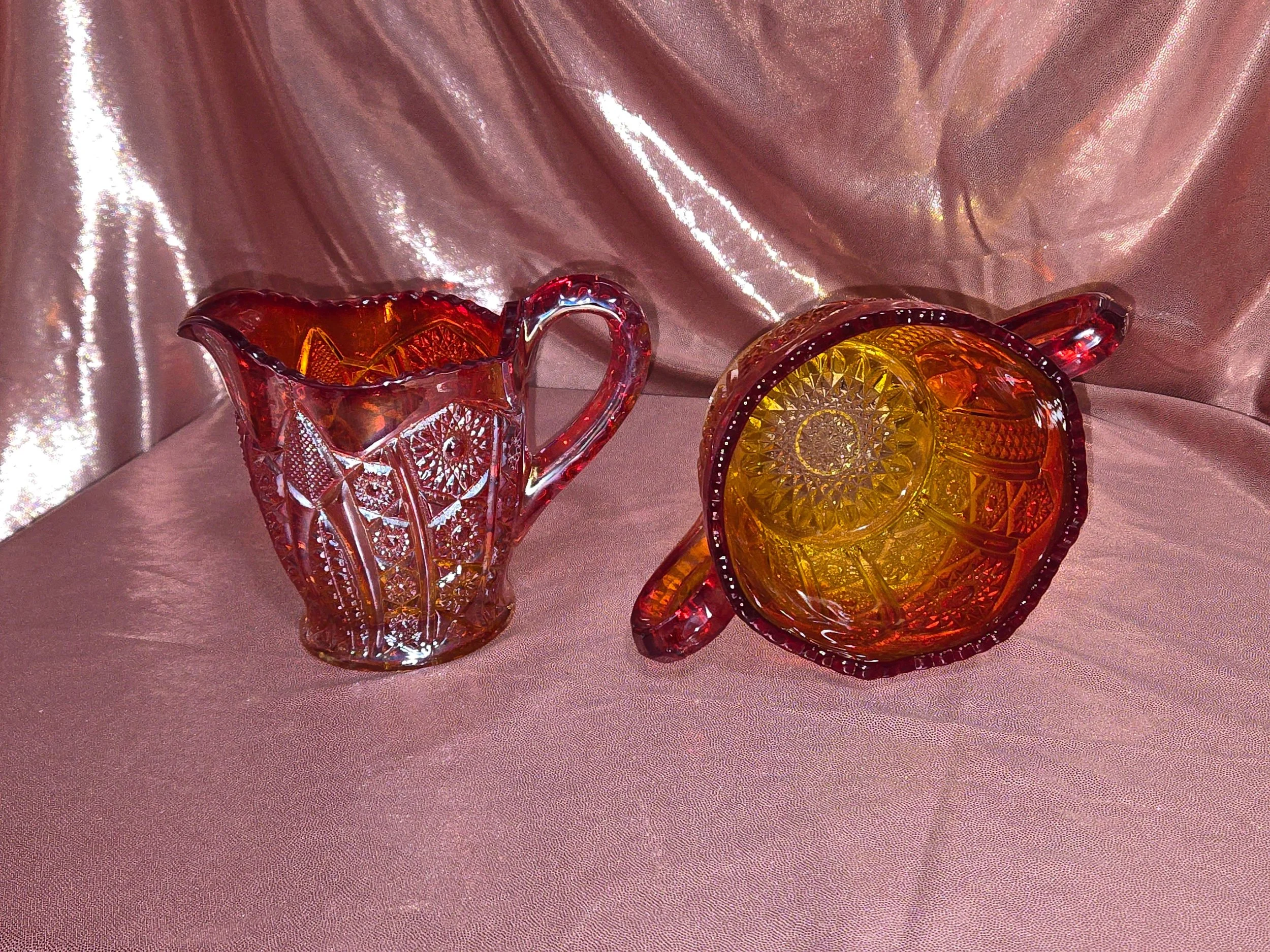Sunset carnival glass sugar and creamer set