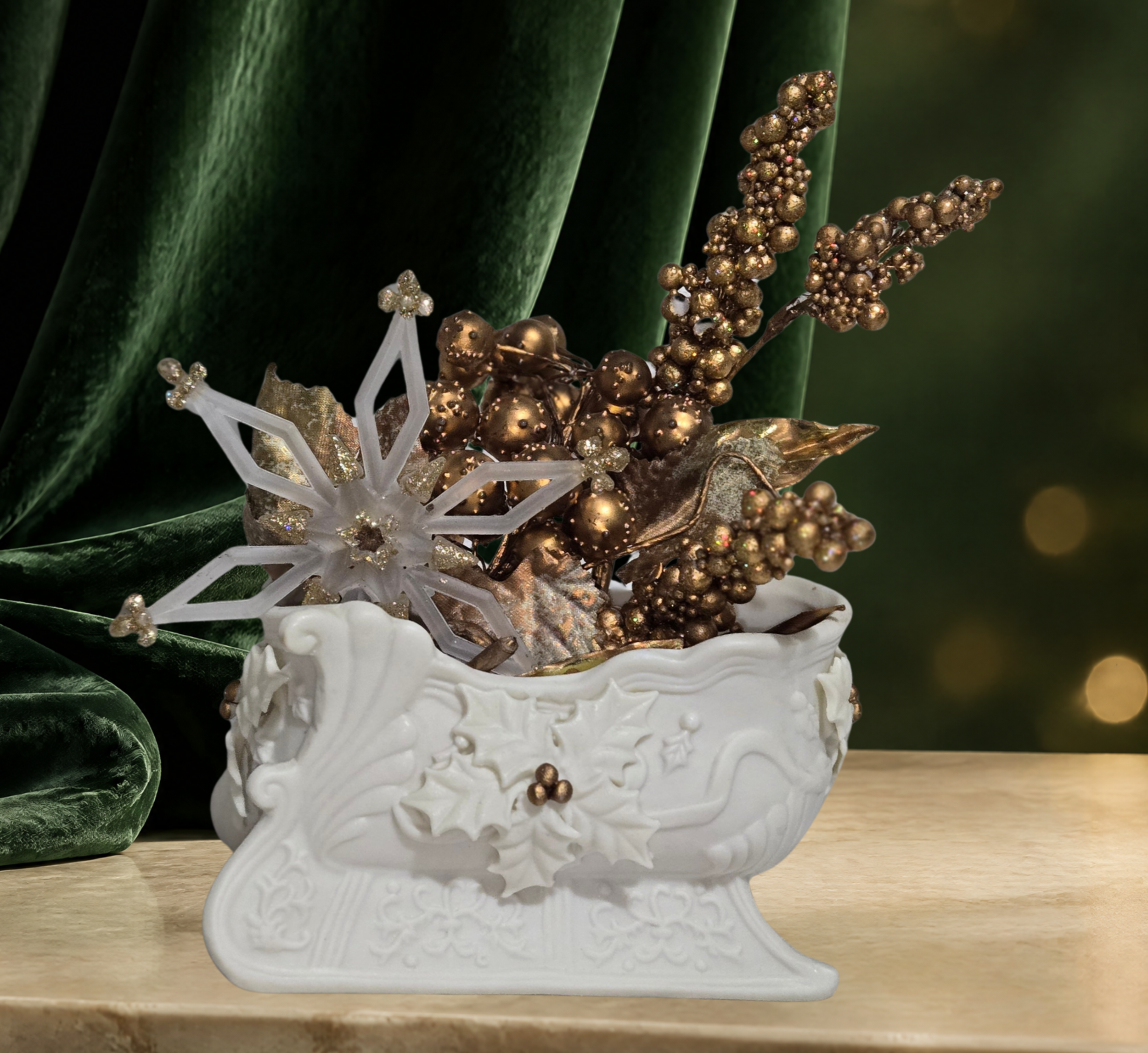 Vintage White Porcelain Christmas Sleigh Centerpiece | Gold Berry Floral Arrangement Victorian Holiday Decor
