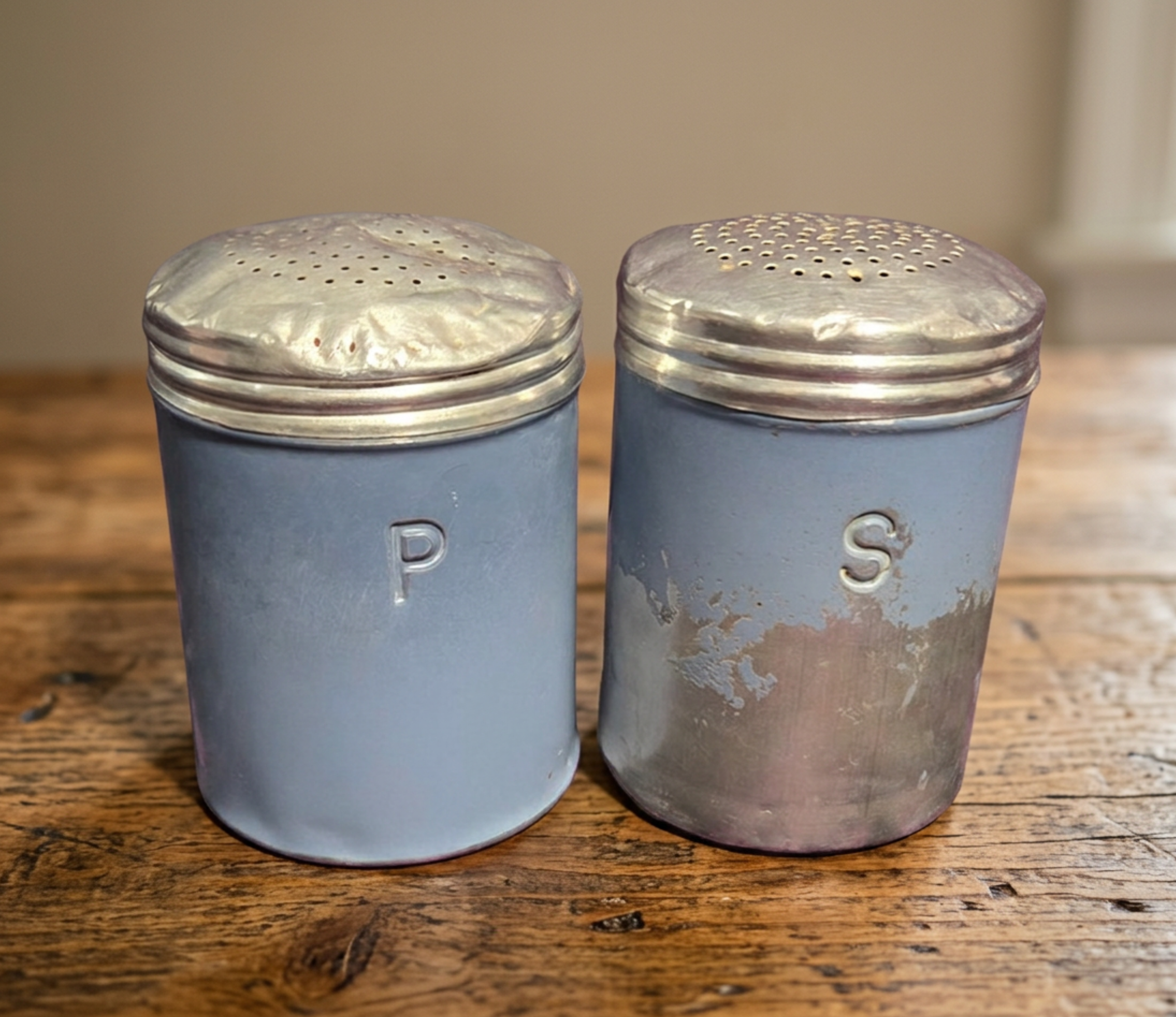 Vintage Blue Enamel Salt & Pepper Shakers • Aluminum Tops • Mid Century Farmhouse Kitchen Decor