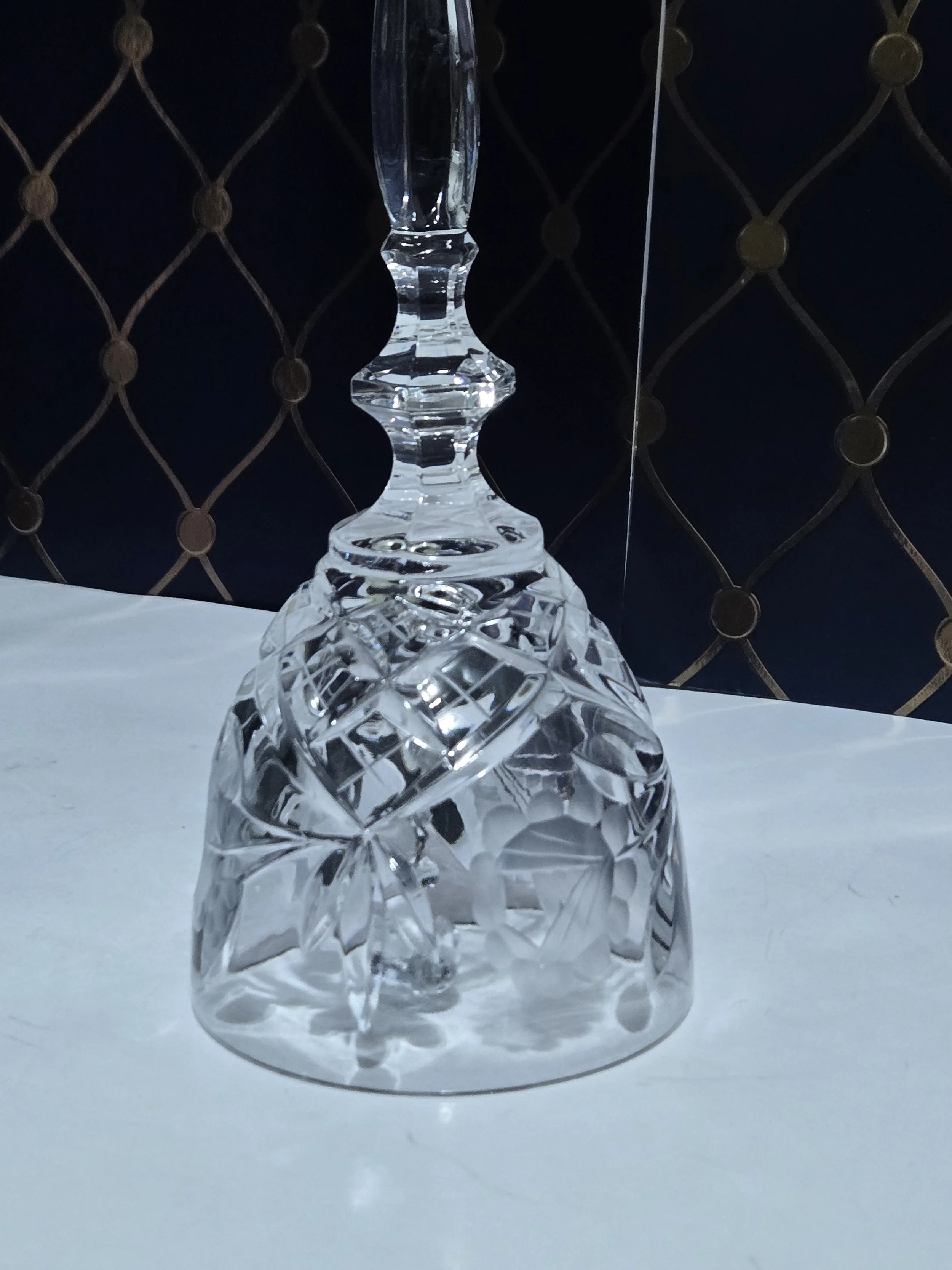 Vintage Cut Crystal Dinner Bell, Frosted Rose Motif, 8 Inch Floral Glass Decor