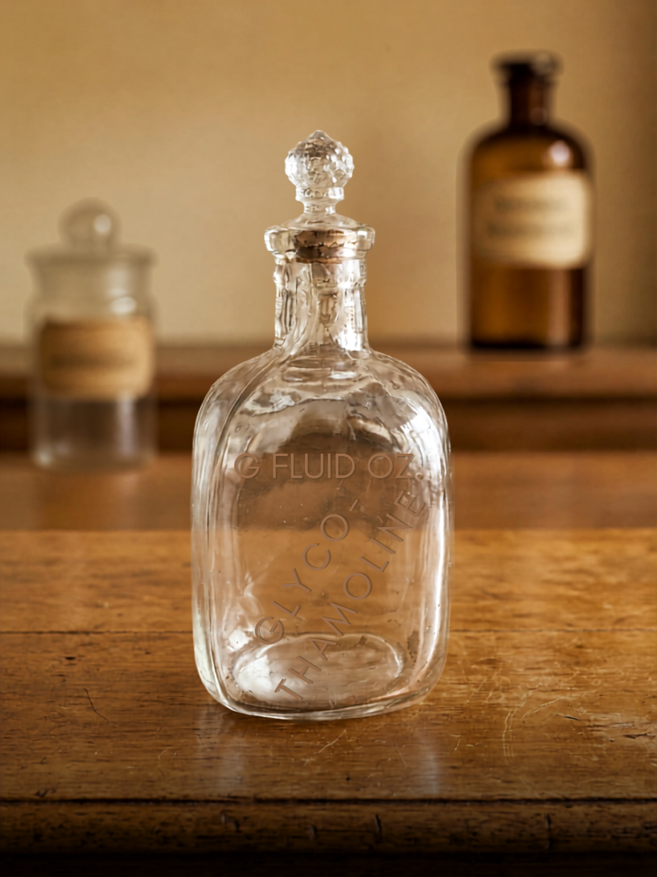 Antique Glyco-Thymoline Bottle with Ornate Glass Stopper • 6 Oz Embossed Apothecary Medicine Bottle